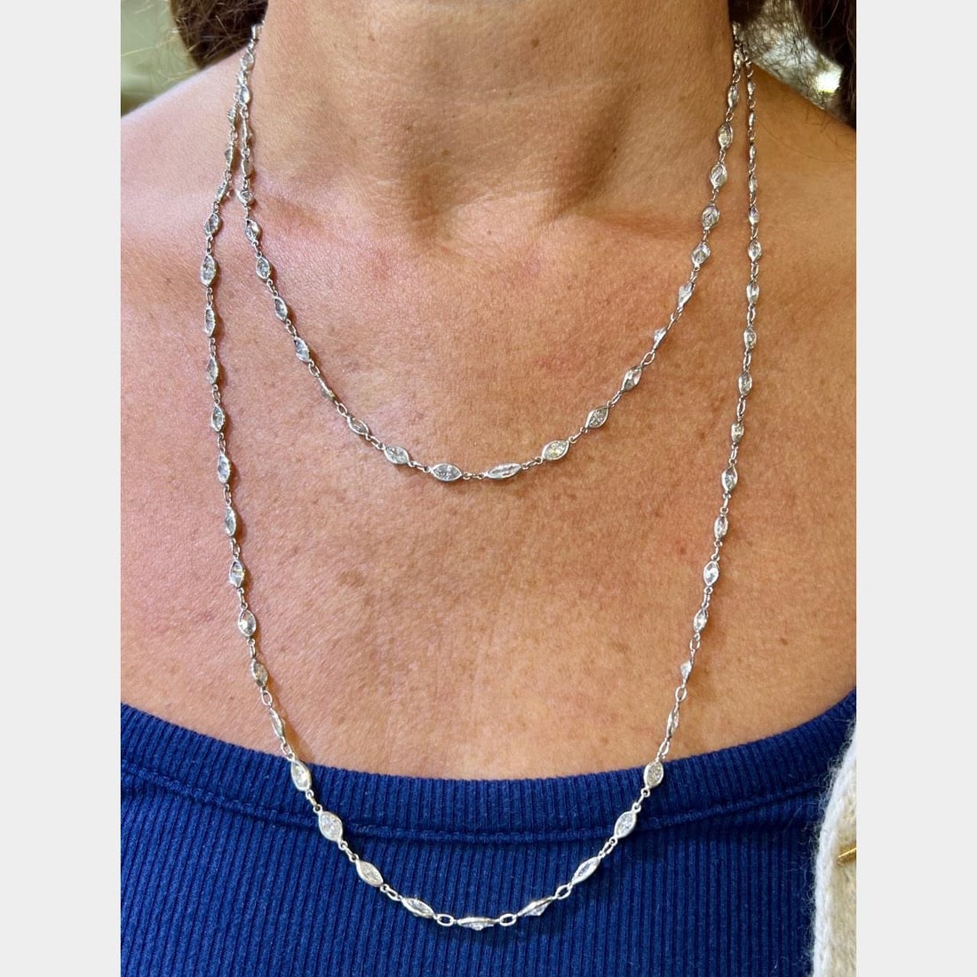 Platinum 42 Inch Marquise Diamond Necklace 33.90 Ct: Platinum 42 Inch Marquise Diamond Necklace 33.90 Ct This stunning Platinum Necklace features a beautiful by-the-yard design adorned with 95 sparkling Marquise Diamonds, totaling approximately 33.90 Ct