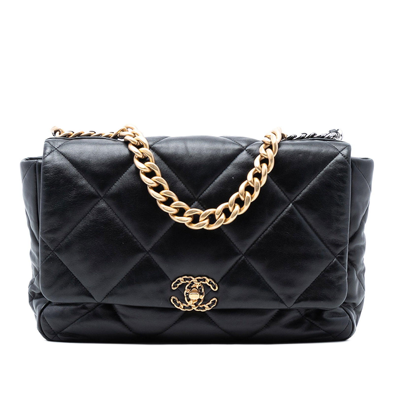 Black Chanel 19 Maxi Quilted Lambskin Flap Bag with Gold Chain: Black Chanel 19 Maxi Quilted Lambskin Flap Bag with Gold Chain This Chanel Maxi Lambskin 19 Flap bag showcases a quilted lambskin leather exterior in black and is designed with a gold-tone chain handl
