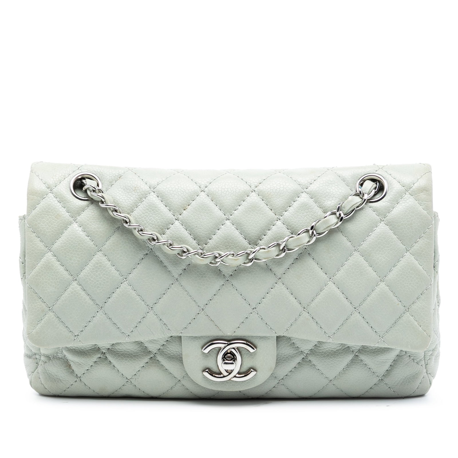 Gray Quilted Leather Shoulder Bag Chanel Medium Classic Caviar Double Flap: Gray Quilted Leather Shoulder Bag Chanel Medium Classic Caviar Double Flap This Chanel Medium Classic Caviar Double Flap shoulder bag features a quilted caviar leather body, leather-woven chain straps