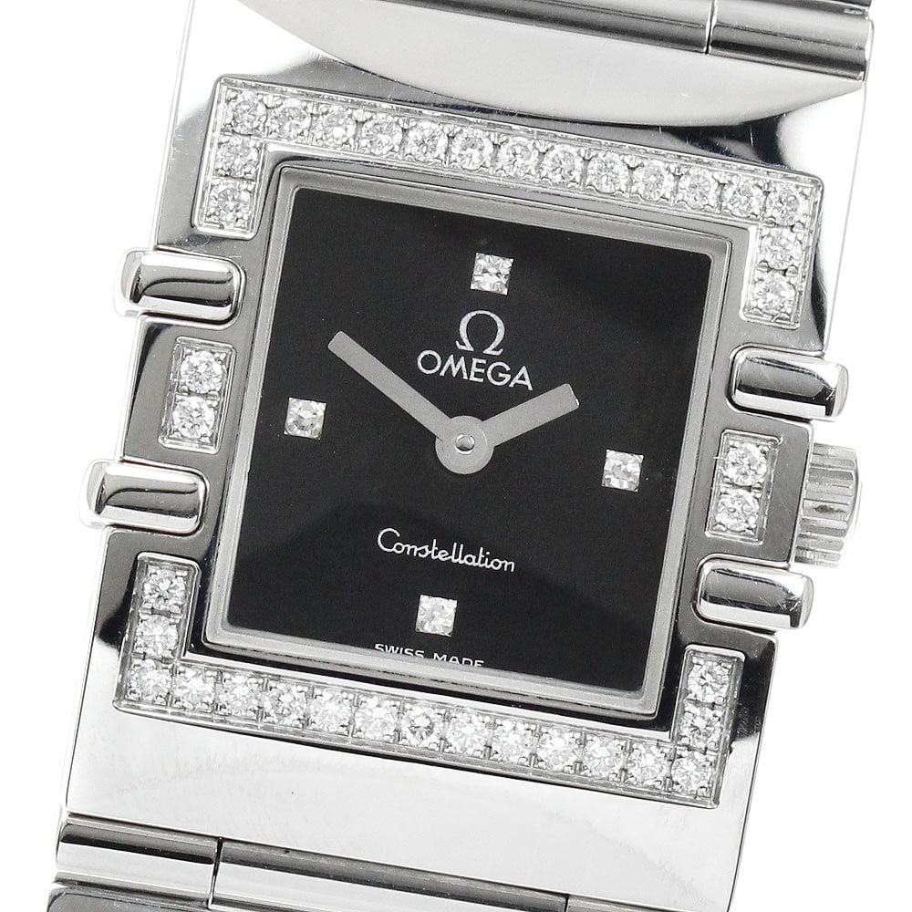 Omega Constellation Carre Quadra Quartz Ladies Watch 1528.46 Stainless Steel: Omega Constellation Carre Quadra Quartz Ladies Watch 1528.46 Stainless Steel This OMEGA Constellation Carre Quadra ladies wristwatch features a stainless steel case and bracelet with a sleek black dia