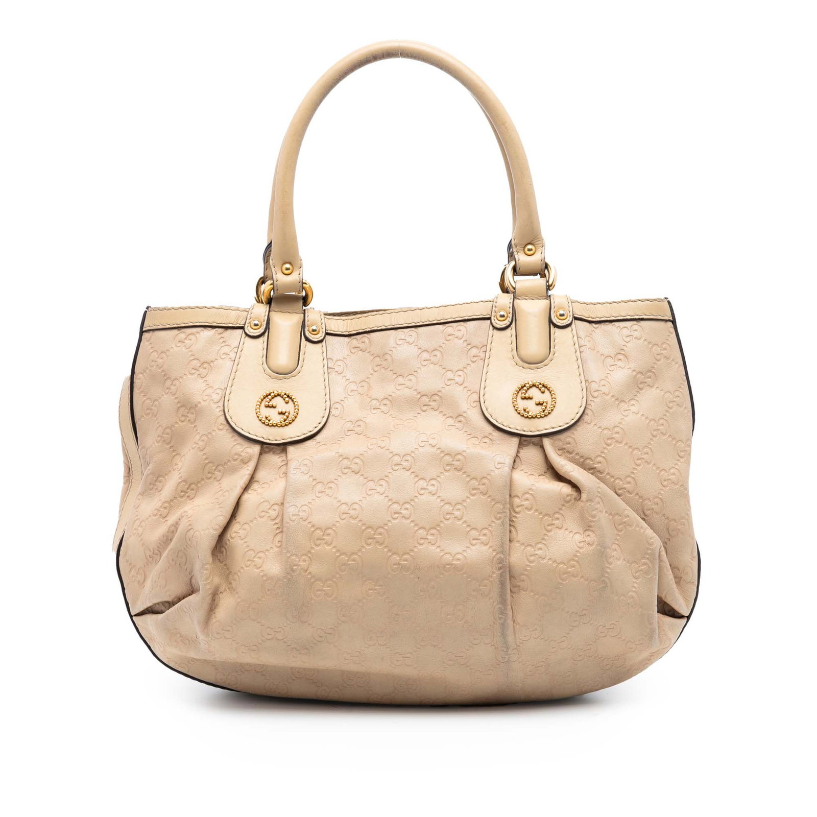 Gucci Guccissima Scarlett Beige Leather Tote Bag: Gucci Guccissima Scarlett Beige Leather Tote Bag The Guccissima Scarlett Tote features a beige leather body with rolled leather handles, a top button clasp closure, and interior zip and slip pockets. 