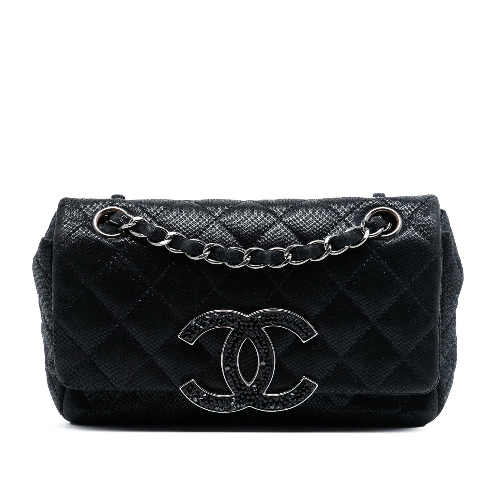 Black Chanel Crystal CC Iridescent Caviar Leather Wallet On Chain Bag: Black Chanel Crystal CC Iridescent Caviar Leather Wallet On Chain Bag This Chanel Iridescent Caviar Crystal CC Wallet On Chain features a quilted caviar leather body in black, complemented by a leathe