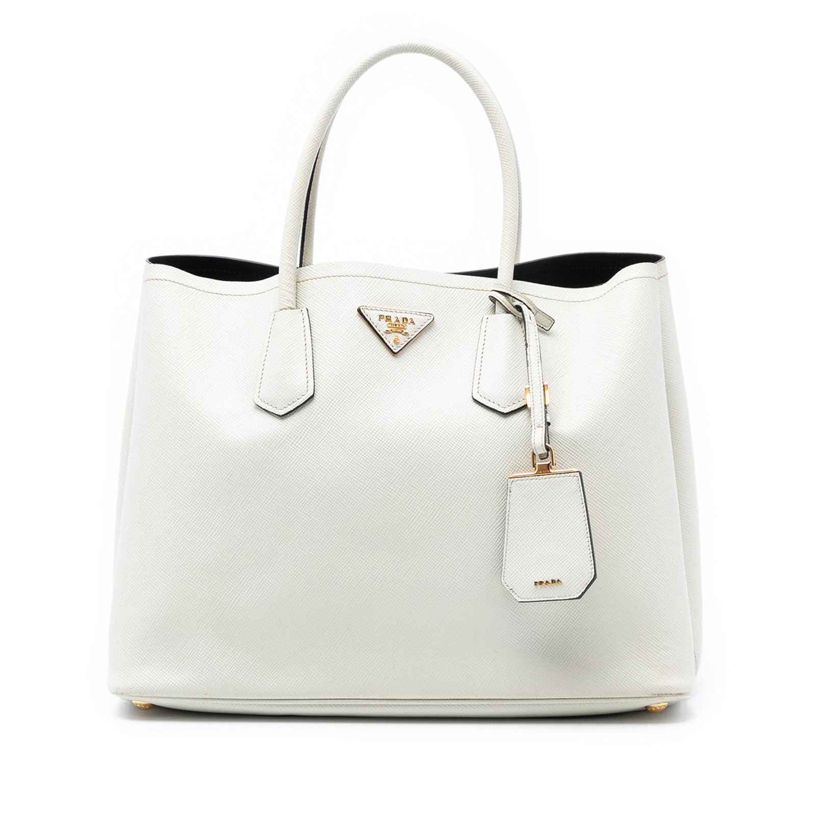 Prada Saffiano Leather Medium Double Handle Satchel Bag White: Prada Saffiano Leather Medium Double Handle Satchel Bag White This Prada Medium Saffiano Cuir Double Satchel is crafted from saffiano leather and features rolled leather handles, an open top, and an i