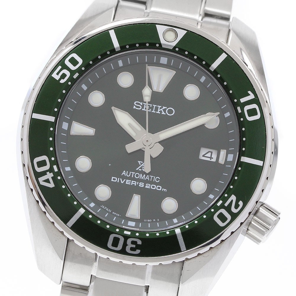 Seiko Prospex green dial automatic date diver watch: Seiko Prospex green dial automatic date diver watch This Seiko Prospex Diver Scuba Mechanical Men's Watch (model SBDC081/6R35-00A0) features a stainless steel case and bracelet with a green dial. Powe
