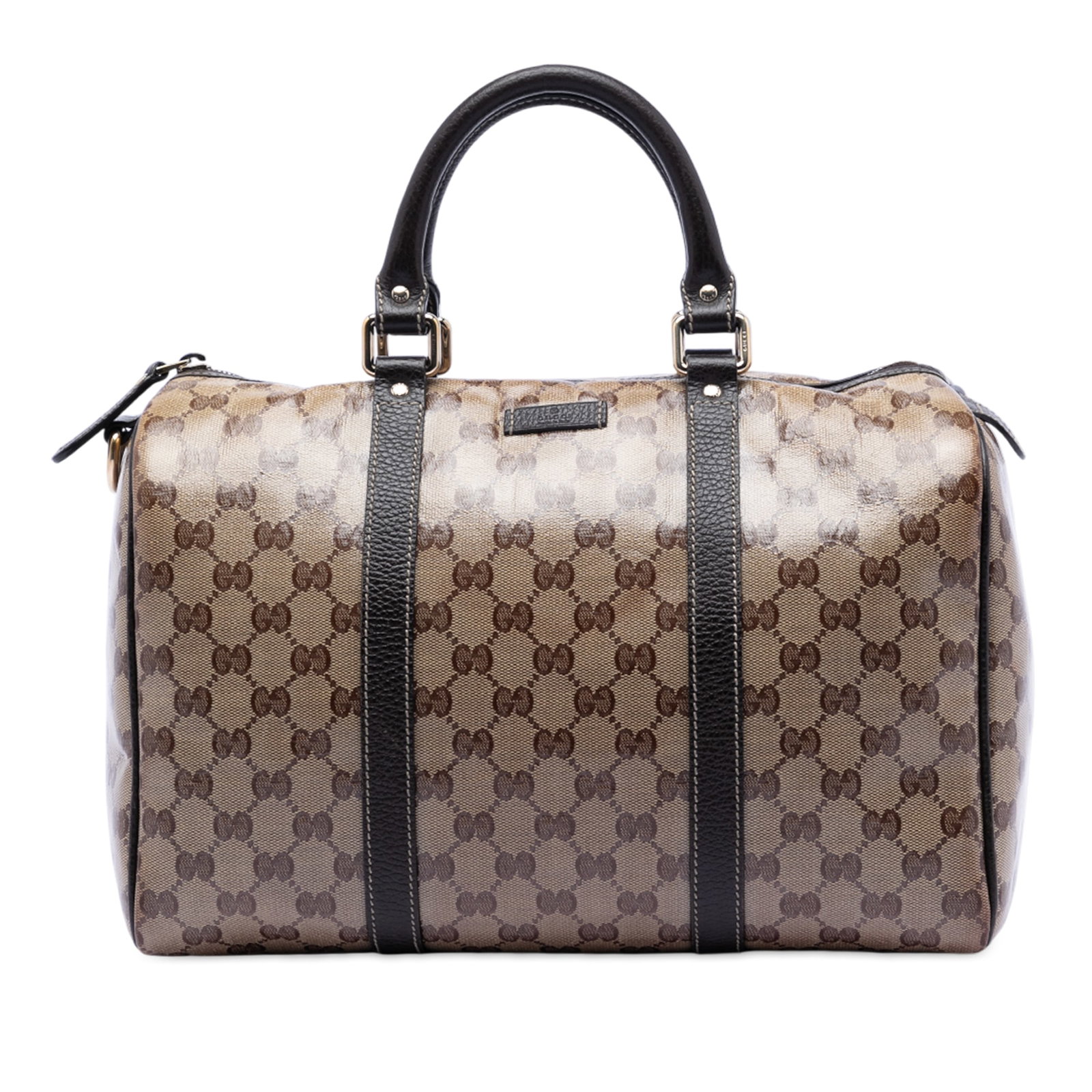 Gucci GG Crystal Joy Medium Boston Bag in Beige Canvas and Leather: Gucci GG Crystal Joy Medium Boston Bag in Beige Canvas and Leather This Gucci Medium GG Crystal Joy Boston Bag features a coated canvas exterior with leather trim and rolled leather handles. The bag i