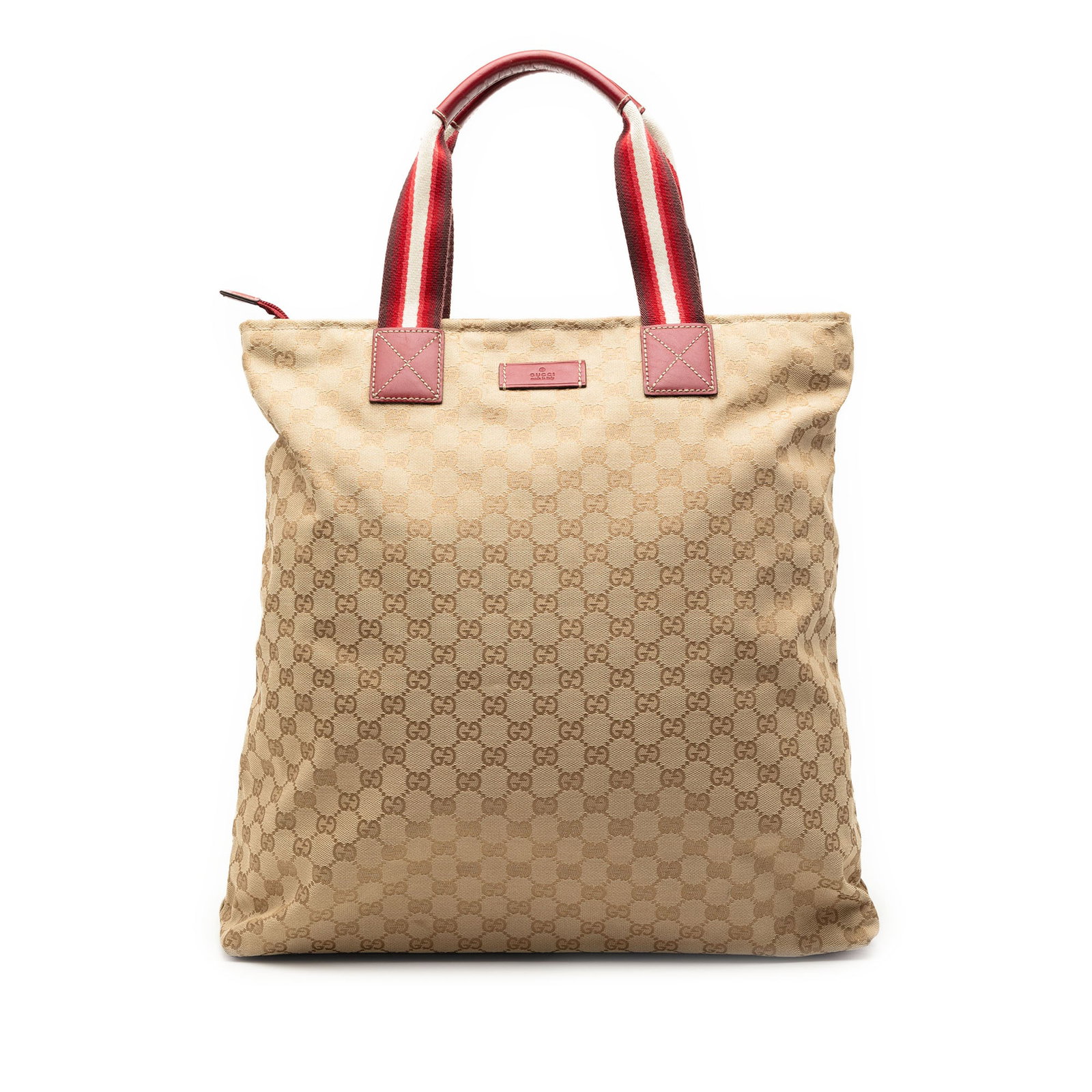 Gucci GG Canvas Web Brown Leather Trim Tote Bag: Gucci GG Canvas Web Brown Leather Trim Tote Bag This Gucci GG Canvas Web Tote features a canvas body with leather trim, flat leather handles accented with web strap details, a top zip closure, and bot