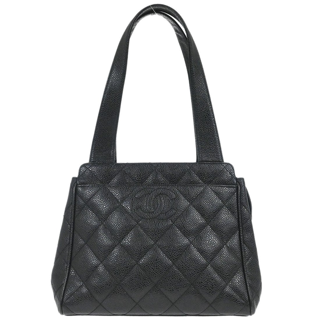Small Caviar Leather Tote with Double Handles by Chanel: Small Caviar Leather Tote with Double Handles by Chanel This Chanel Black Calfskin Tote Handbag features a compact, small-sized design crafted from high-quality black leather. The bag is equipped with