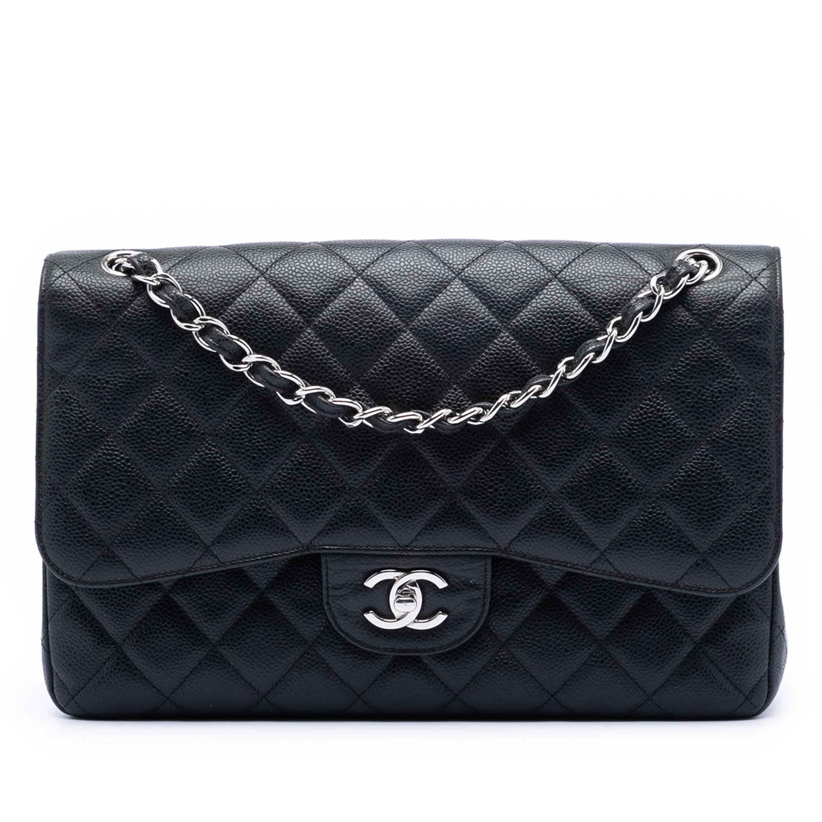 Chanel Black Quilted Caviar Leather Jumbo Double Flap Shoulder Bag: Chanel Black Quilted Caviar Leather Jumbo Double Flap Shoulder Bag This Chanel Jumbo Classic Caviar Double Flap shoulder bag features a quilted caviar leather body with leather-woven chain straps, a d