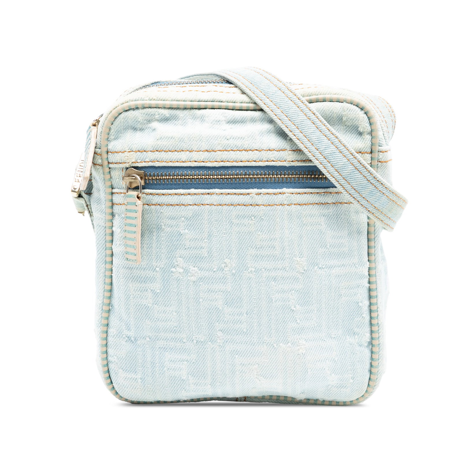 Fendi Zucca Denim Adjustable Strap Blue Crossbody Bag: Fendi Zucca Denim Adjustable Strap Blue Crossbody Bag This Fendi Zucca Denim Crossbody bag features a blue denim fabric body with an adjustable flat strap, a top zip closure, an exterior zip pocket, a