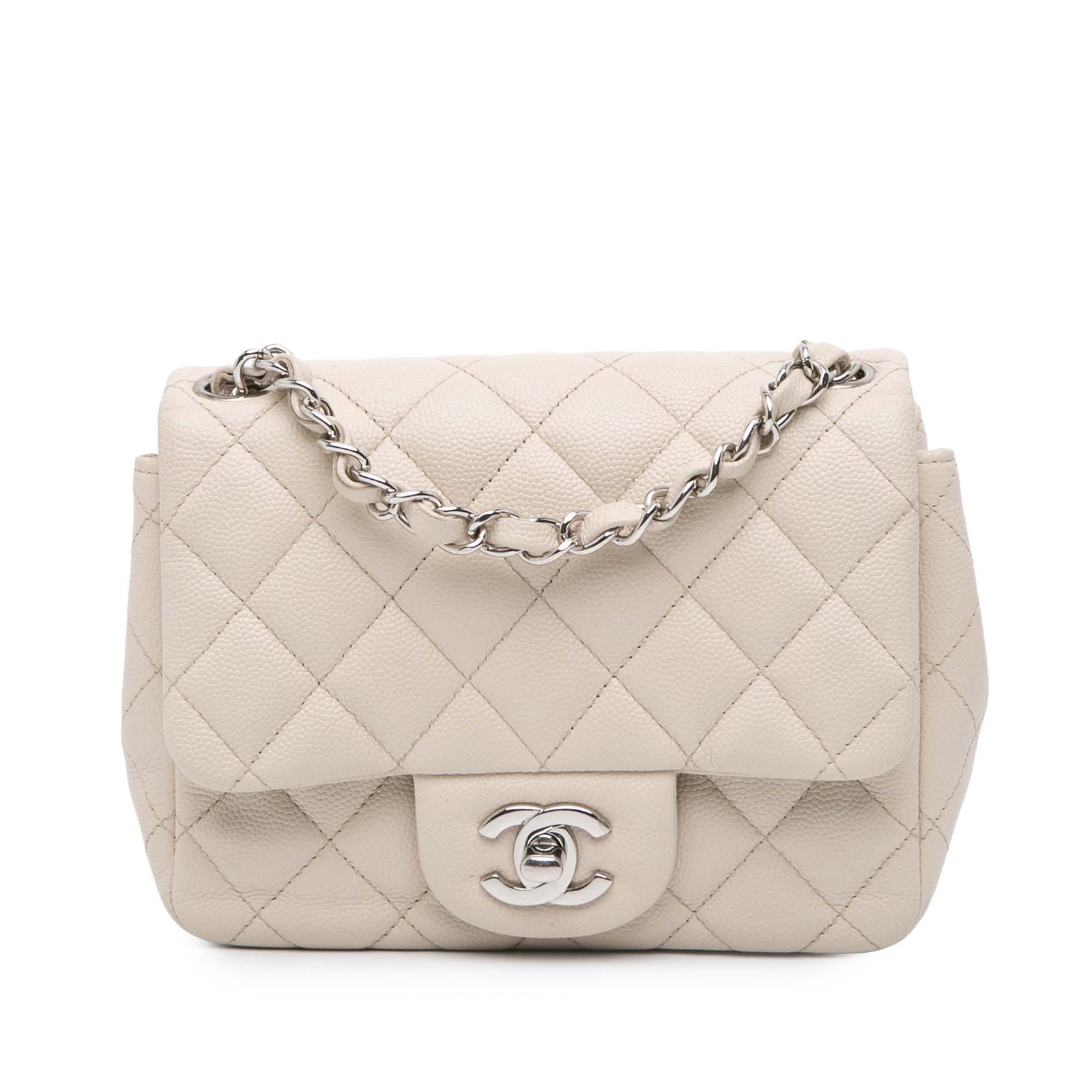 Chanel Mini Square Classic Caviar Flap Bag White Leather: Chanel Mini Square Classic Caviar Flap Bag White Leather This Chanel Mini Square Classic Caviar Single Flap crossbody bag is a timeless accessory crafted from quilted caviar leather, showcasing a soph