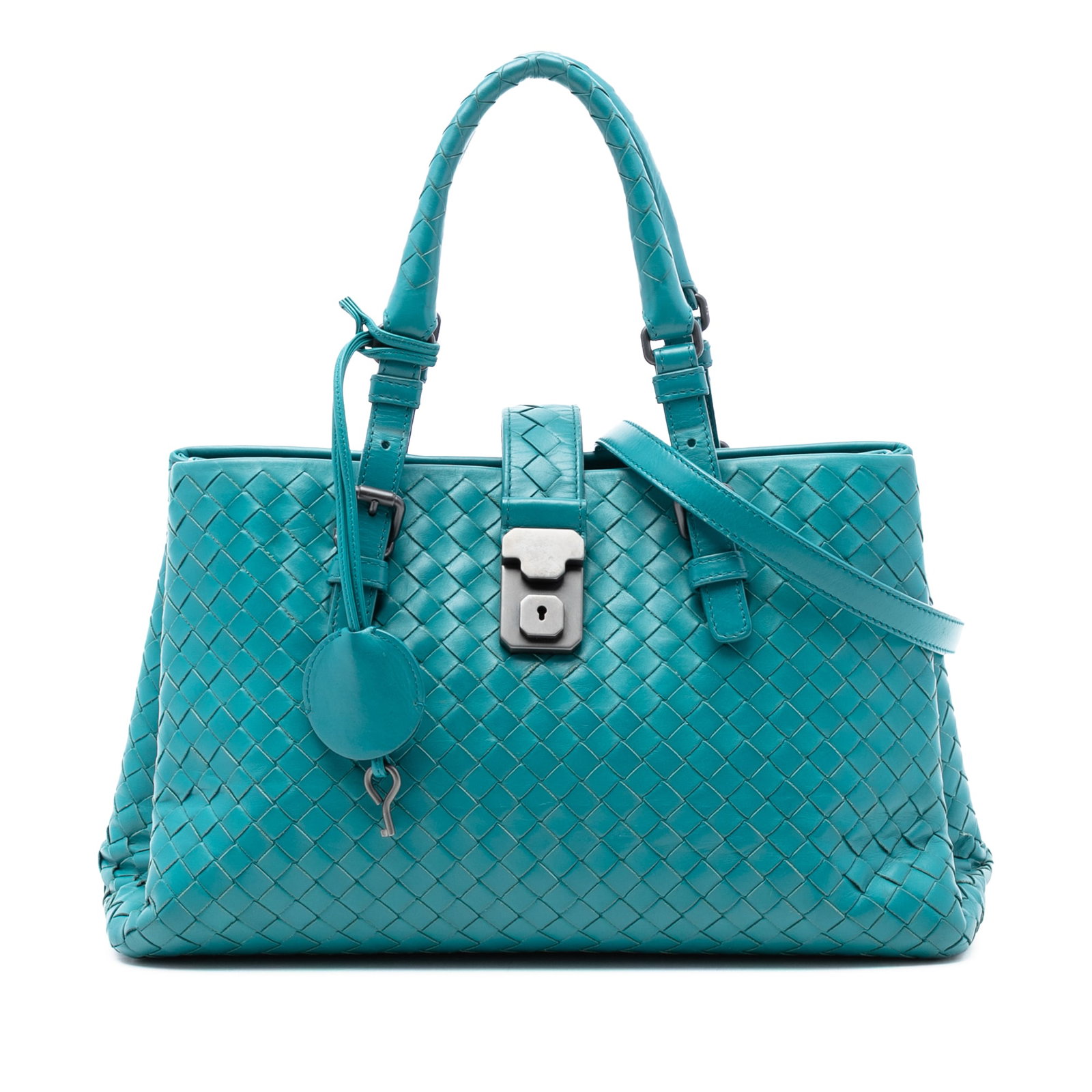 Blue Bottega Veneta Roma Small Leather Satchel with Woven Design: Blue Bottega Veneta Roma Small Leather Satchel with Woven Design This Bottega Veneta Small Nappa Intrecciato Roma Satchel features a woven leather exterior, rolled leather handles, and a detachable fl