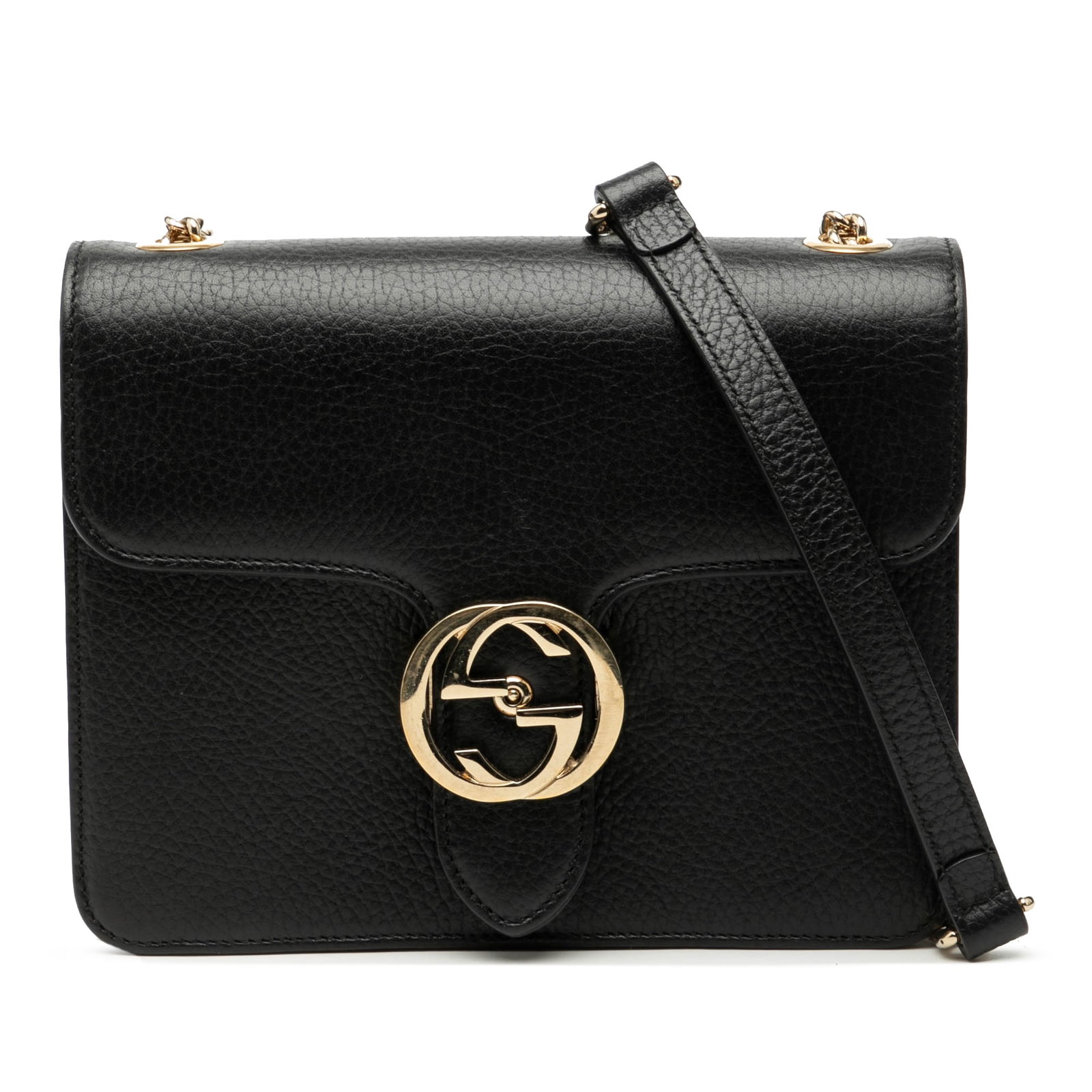 Gucci Interlocking G Small Black Leather Crossbody Bag with Chain Strap: Gucci Interlocking G Small Black Leather Crossbody Bag with Chain Strap This Gucci Small Dollar Calfskin Interlocking G Crossbody bag features a black leather exterior, a gold-tone curb chain-link str