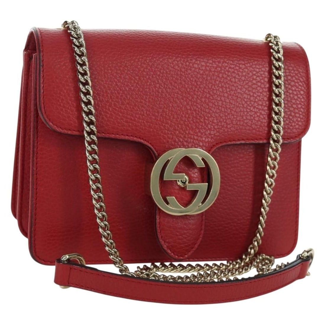 Red Leather GUCCI Shoulder Bag with Gold Chain 510304 Italy: Red Leather GUCCI Shoulder Bag with Gold Chain 510304 Italy This GUCCI shoulder bag features a red leather exterior with gold-tone accents, designed for women. The bag includes a chain shoulder strap 