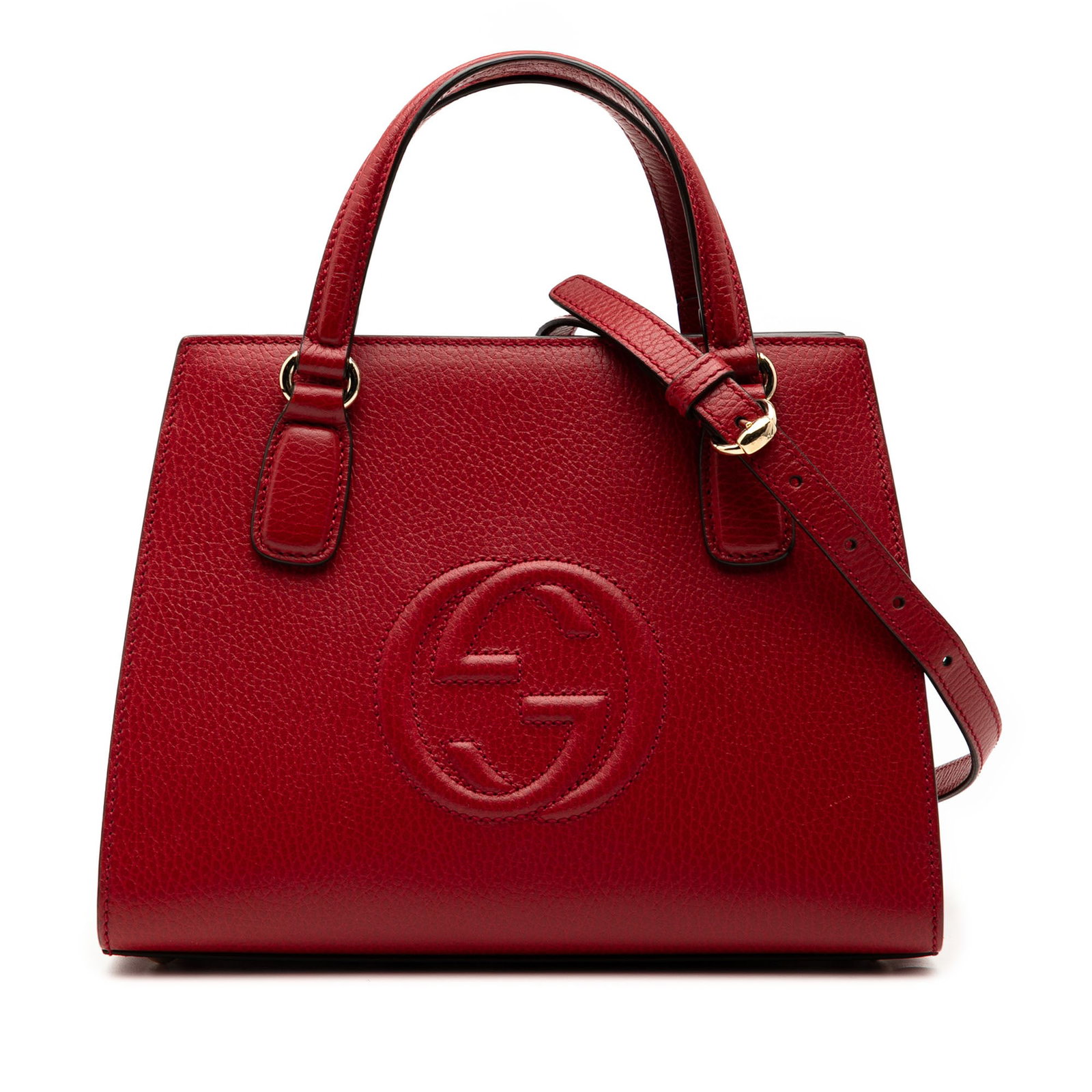 Gucci Soho Medium Leather Convertible Tote with Top Handles: Gucci Soho Medium Leather Convertible Tote with Top Handles This Gucci Medium Dollar Calf Soho Top Handle Convertible Tote is crafted from red leather and features flat leather handles, a detachable f