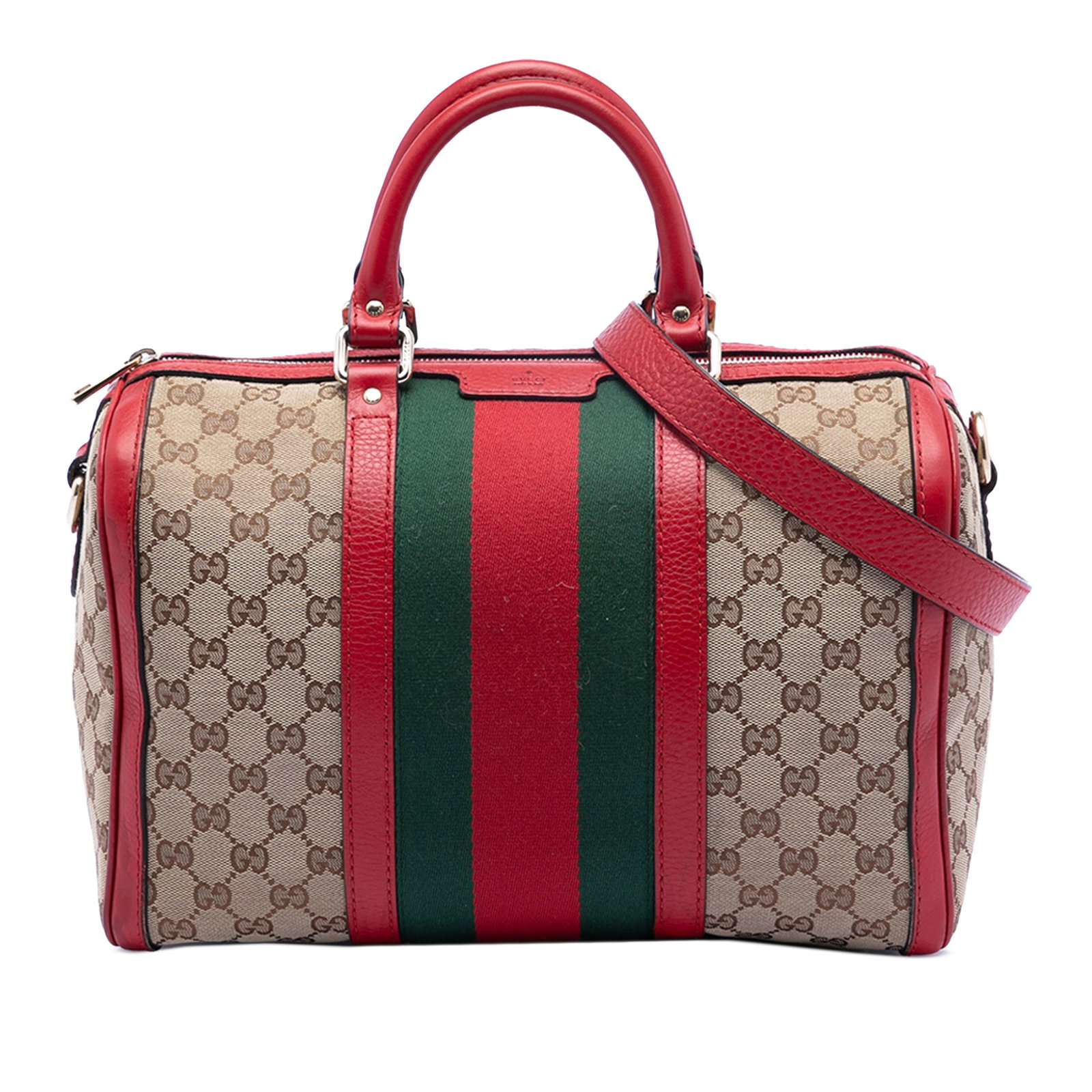 Medium Joy Boston Satchel Beige GG Canvas with Web and Leather Trim by Gucci: Medium Joy Boston Satchel Beige GG Canvas with Web and Leather Trim by Gucci This Gucci Medium GG Canvas Web Joy Boston Bag features a canvas body with leather trim and signature web detail. It is des