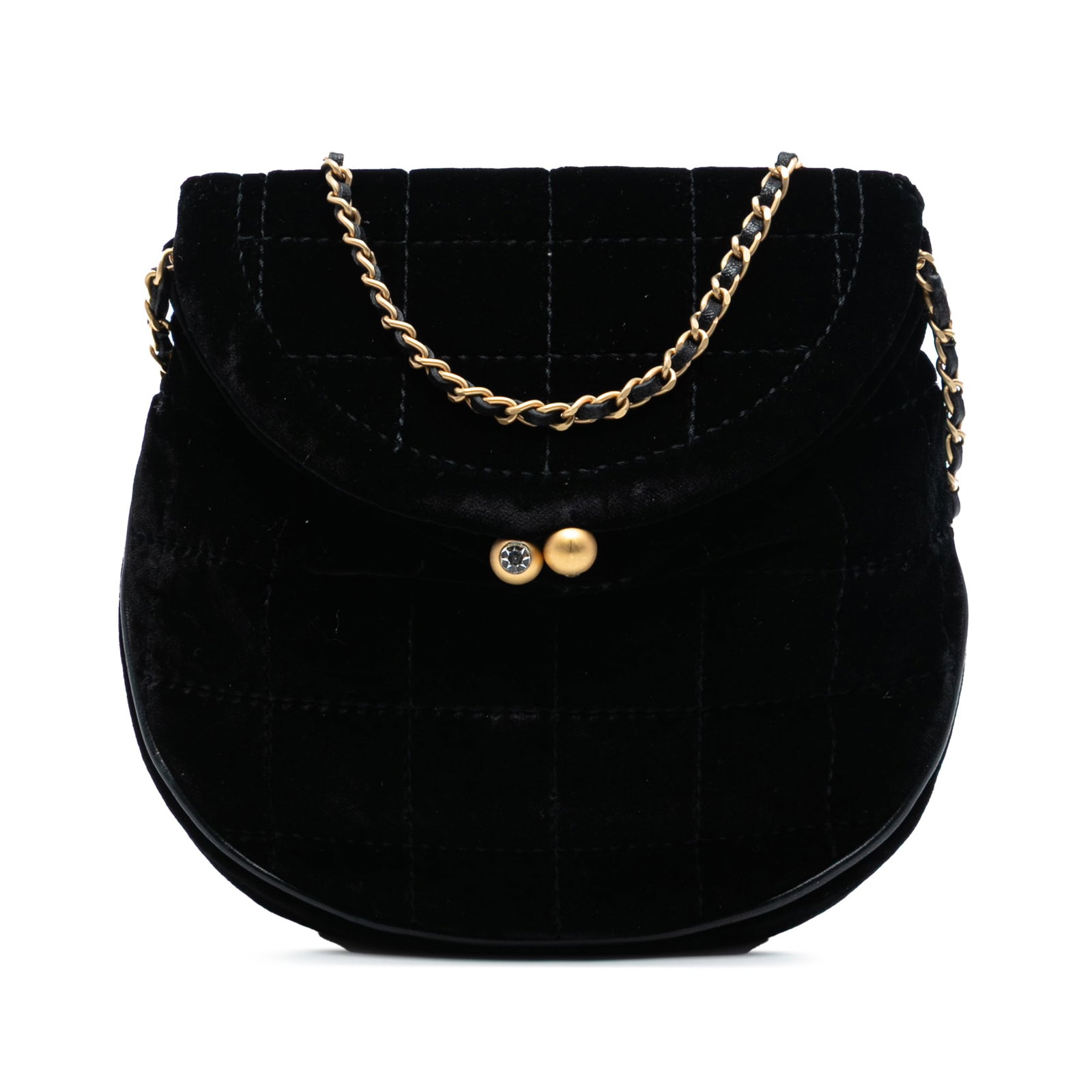 Black Velvet Mini Flap Crossbody Bag by Chanel Chocolate Bar: Black Velvet Mini Flap Crossbody Bag by Chanel Chocolate Bar This Chanel Mini Chocolate Bar Velvet Flap Crossbody bag features a black velvet body, a leather-woven chain link strap, and a front flap w