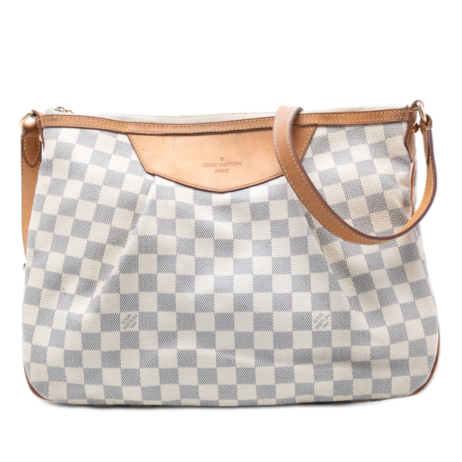 Louis Vuitton Siracusa MM Damier Azur Shoulder Bag with Vachetta Trim: Louis Vuitton Siracusa MM Damier Azur Shoulder Bag with Vachetta Trim The Louis Vuitton Damier Azur Siracusa MM features a damier canvas body with vachetta leather trim and a flat vachetta leather str