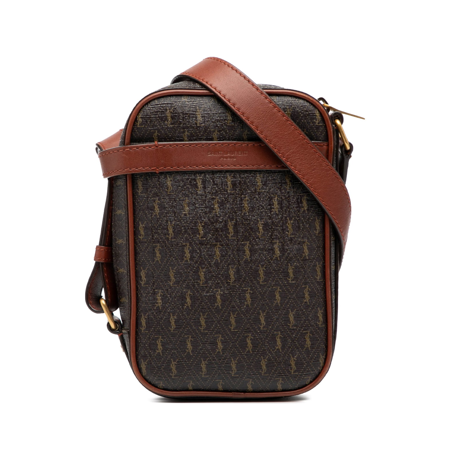 Le Monogramme Brown Coated Canvas Crossbody Bag with Leather Trim: Le Monogramme Brown Coated Canvas Crossbody Bag with Leather Trim This crossbody bag features a coated canvas body with leather trim, a flat leather strap, top zip closure, an exterior slip pocket, an