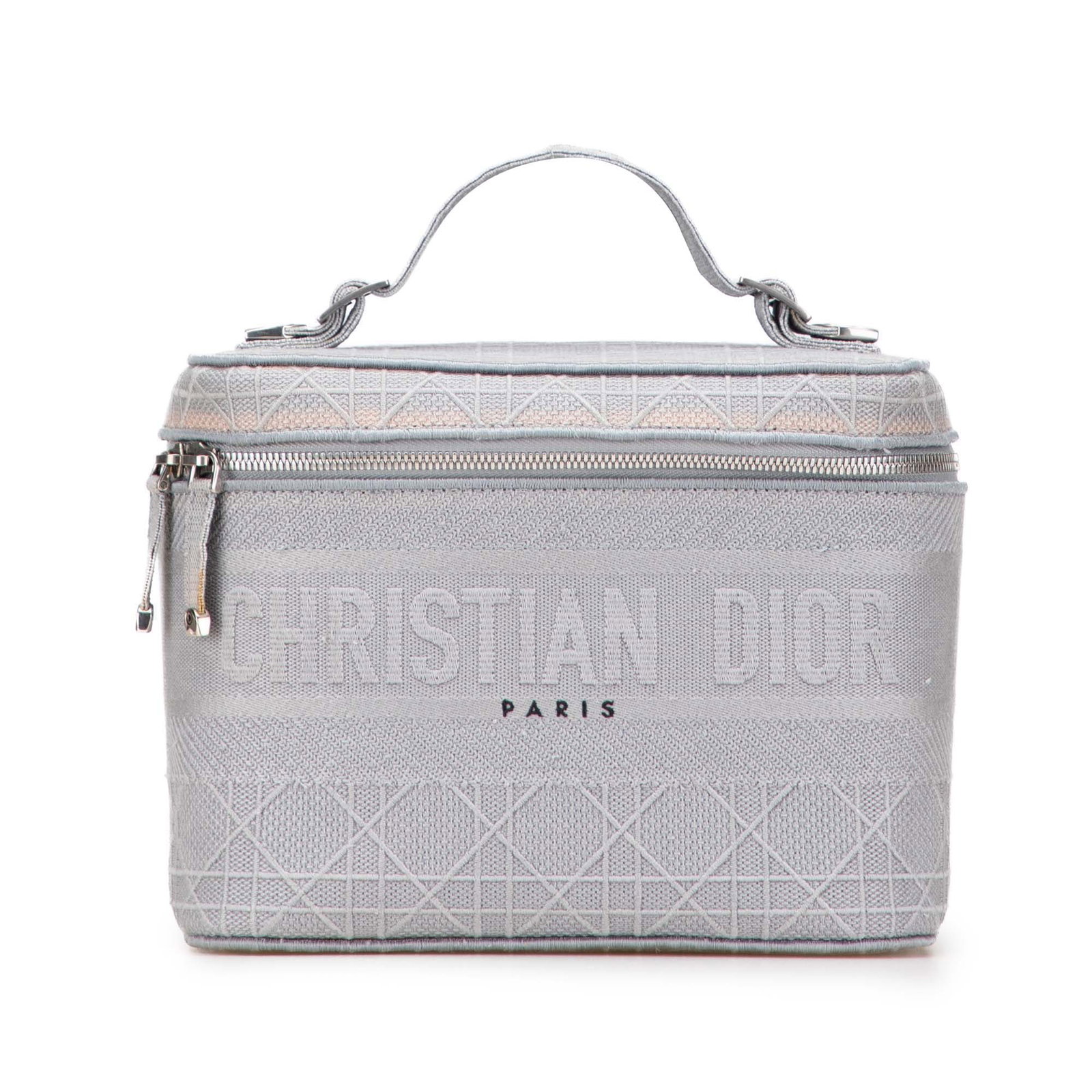 Dior Canvas Cannage Diortravel Vanity Case Gray Fabric Bag: Dior Canvas Cannage Diortravel Vanity Case Gray Fabric Bag Elevate your accessory collection with this stylish Canvas Cannage Diortravel Vanity Case. Crafted from embroidered canvas, this chic vanity