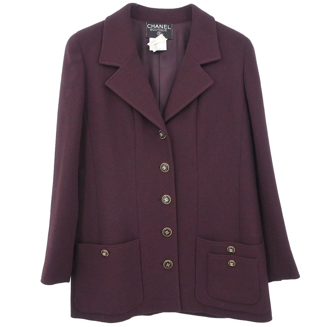 Chanel Bordeaux Wool Collared Button Jacket Size 40: Chanel Bordeaux Wool Collared Button Jacket Size 40 This vintage Chanel single breasted jacket features a classic collared design in a rich Bordeaux color. Crafted from 100% wool, it offers a mid-leng