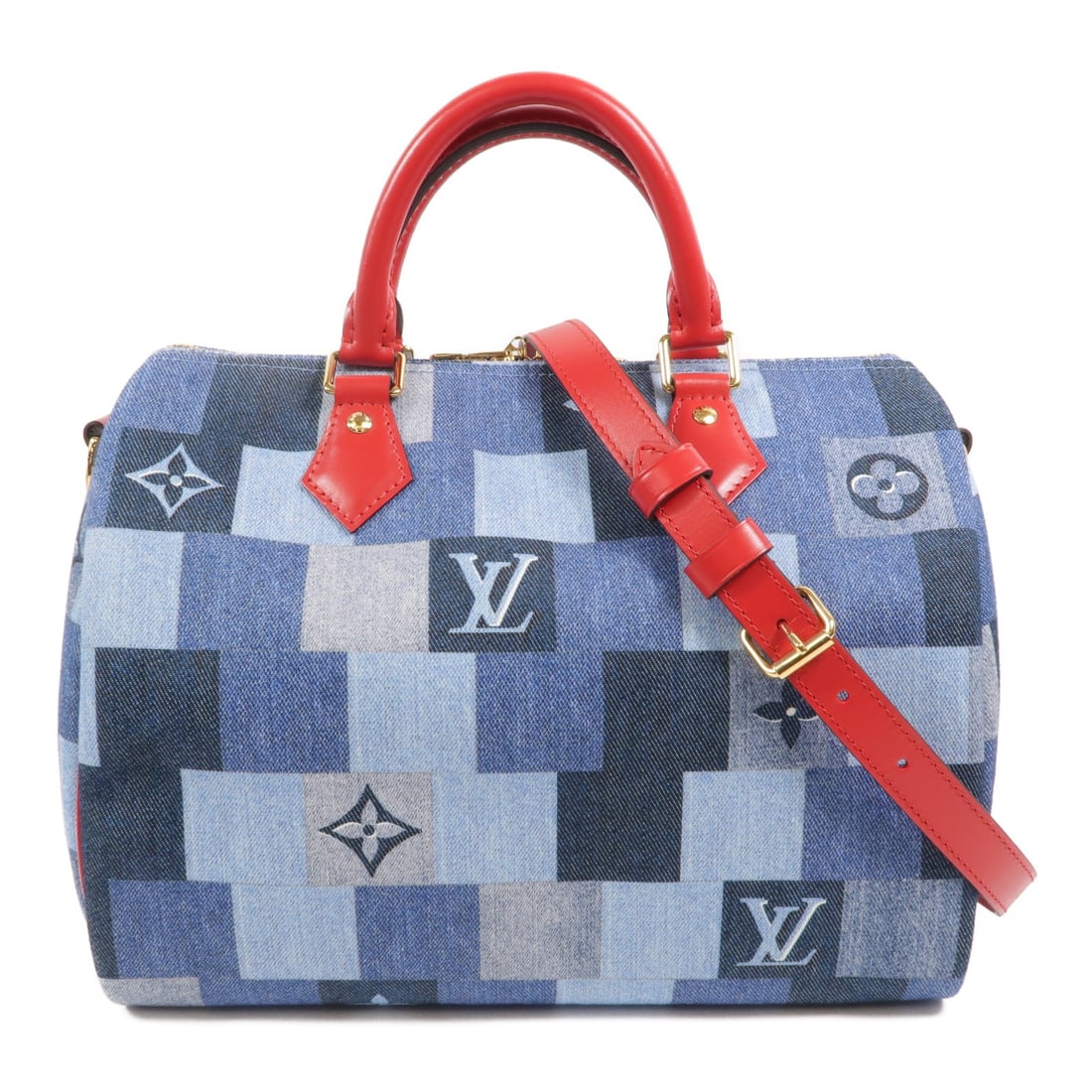 Louis Vuitton Speedy Bandouliere 30 Monogram Denim Shoulder Bag GHW: Louis Vuitton Speedy Bandouliere 30 Monogram Denim Shoulder Bag GHW This Louis Vuitton Speedy Bandouliere 30 is a versatile 2-way shoulder bag crafted from blue denim with gold-tone hardware. The bag 
