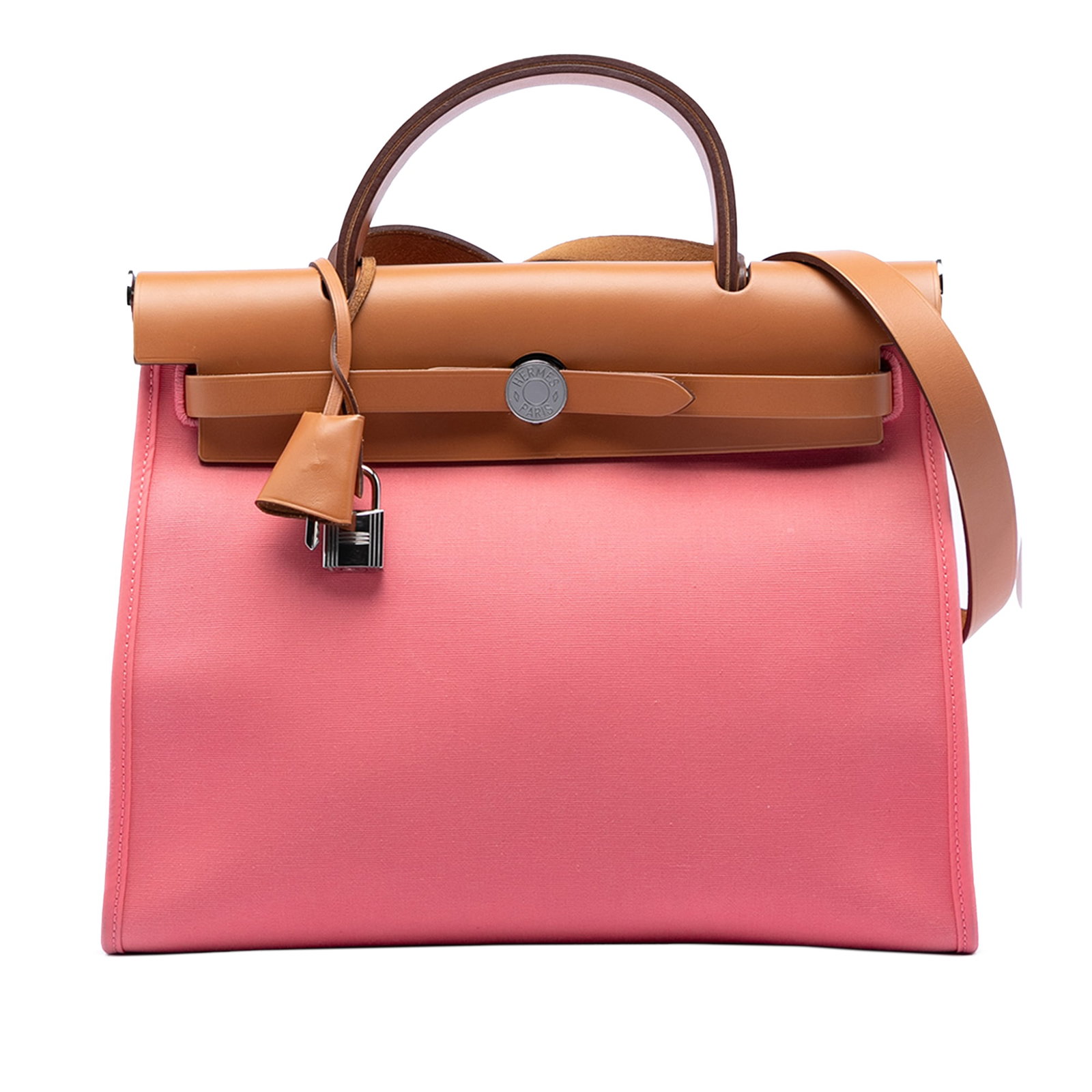 Pink Canvas and Leather Hermes Herbag Zip 31 Shoulder Bag: Pink Canvas and Leather Hermes Herbag Zip 31 Shoulder Bag The Hermes Toile Herbag Zip 31 is crafted with a pink canvas body and complemented by a flat leather top handle and a flat leather shoulder st