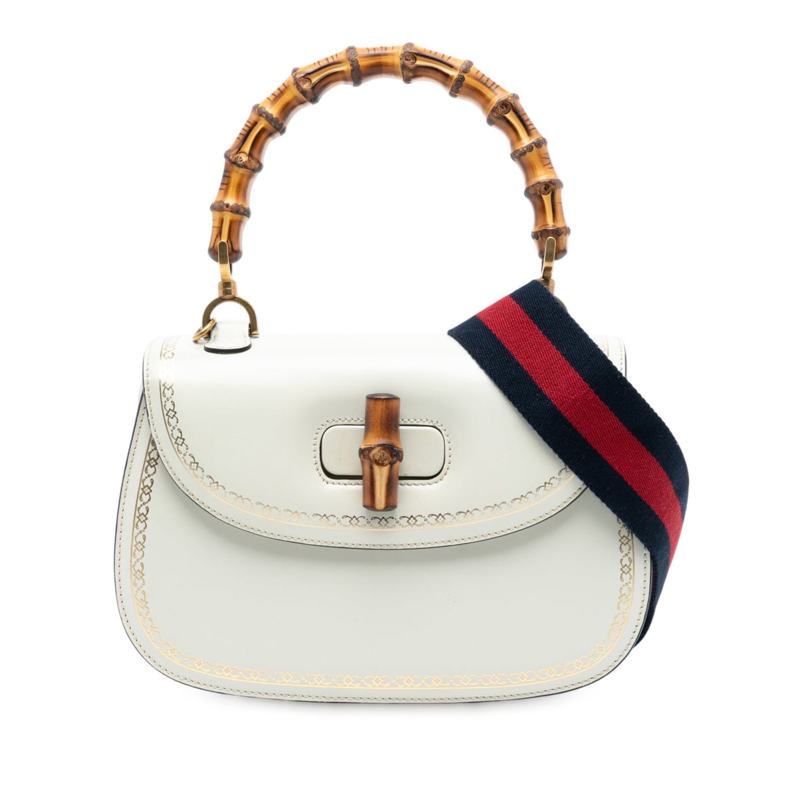 Gucci Calfskin Printed Leather Satchel with Bamboo Handle and Detachable Strap: Gucci Calfskin Printed Leather Satchel with Bamboo Handle and Detachable Strap This Gucci Calfskin Frame Print Bamboo Top Handle Bag features a printed leather body, signature bamboo top handle, detac