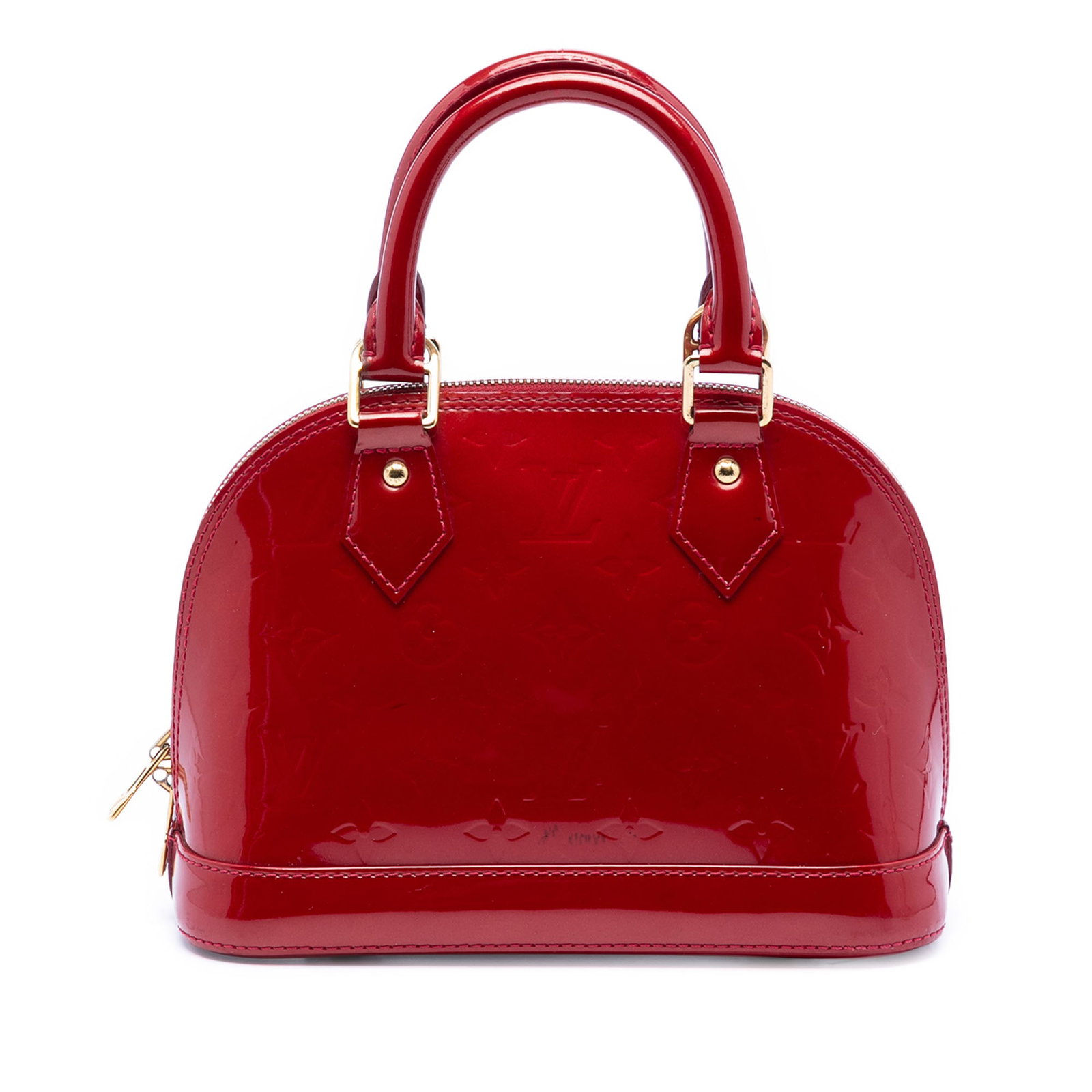 Red Alma BB Vernis Leather Bag with Detachable Strap by Louis Vuitton: Red Alma BB Vernis Leather Bag with Detachable Strap by Louis Vuitton The Louis Vuitton Monogram Vernis Alma BB is crafted from monogram vernis leather in red and features rolled leather handles, a de
