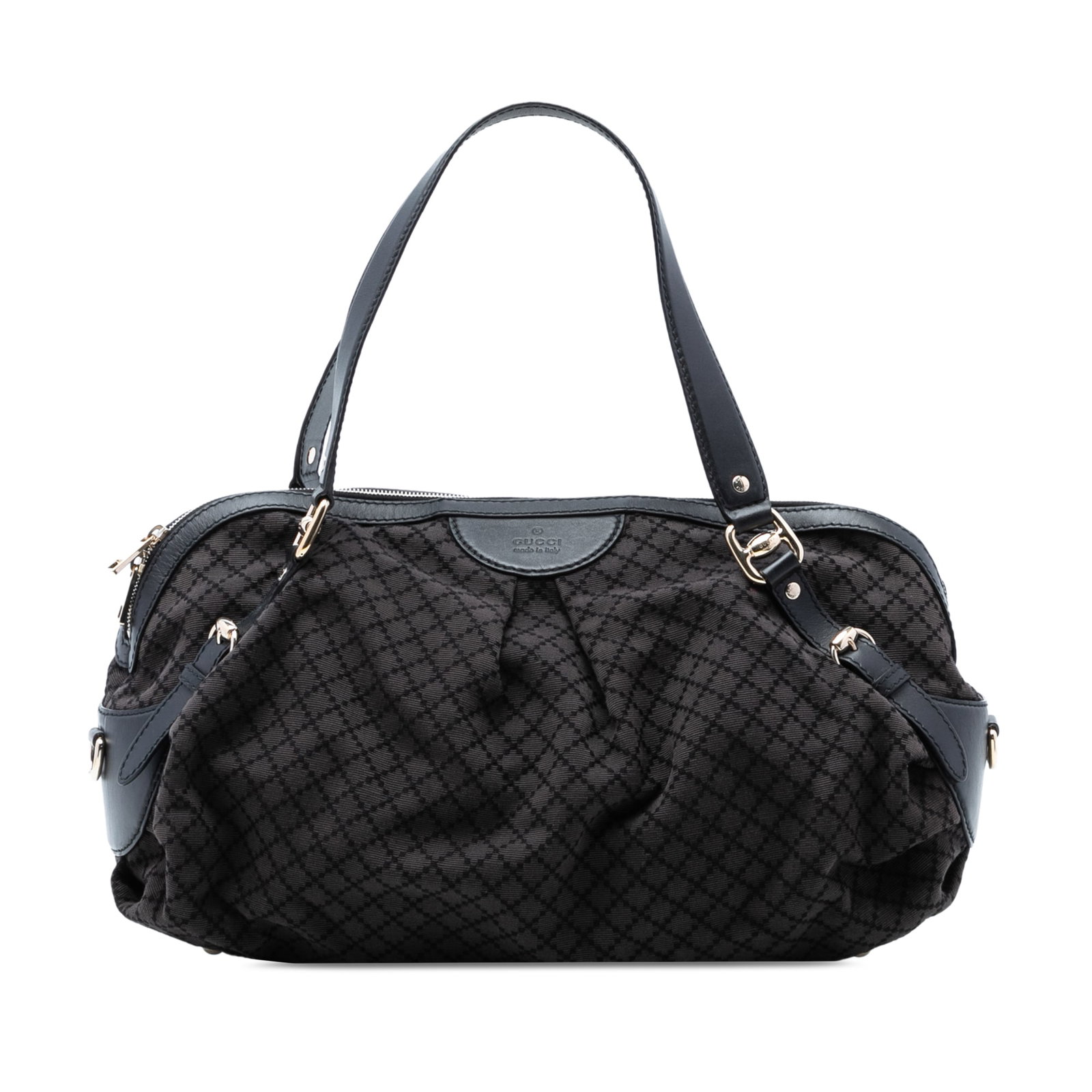 Gucci Bridle Satchel in Diamante Canvas with Leather Trim: Gucci Bridle Satchel in Diamante Canvas with Leather Trim This Gucci Diamante Canvas Bridle Satchel features a canvas body with leather trim, flat leather handles, a top zip closure, and interior zip 