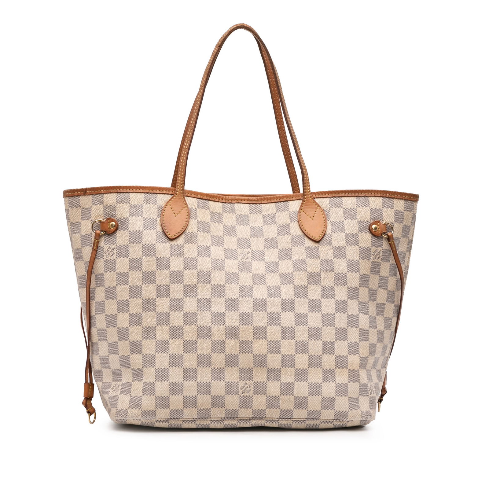Louis Vuitton Neverfull MM Tote in Damier Azur Canvas with Vachetta Trim: Louis Vuitton Neverfull MM Tote in Damier Azur Canvas with Vachetta Trim This Louis Vuitton Damier Azur Neverfull MM is crafted from damier azur canvas with vachetta leather trim and features flat vac