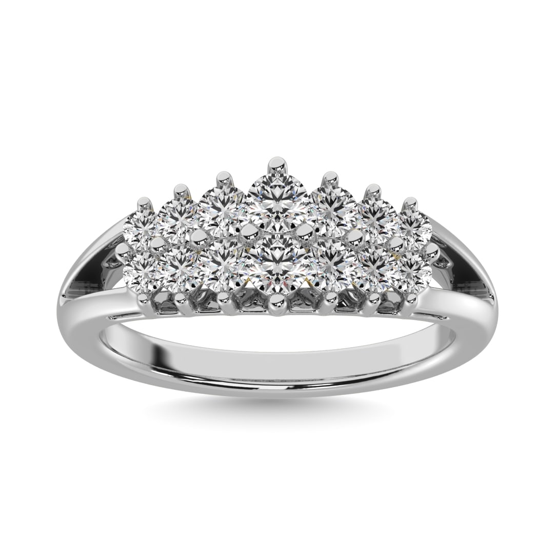 Diamond 1/2 Ct.tw Round Cut Pyramid Ring in 14K White Gold: Diamond 1/2 Ct.tw Round Cut Pyramid Ring in 14K White Gold 14k White Gold Stone Color: G-h Stone Clarity: Si2 Each ring is presented in standard size 6.5. Complimentary resizing is available between s
