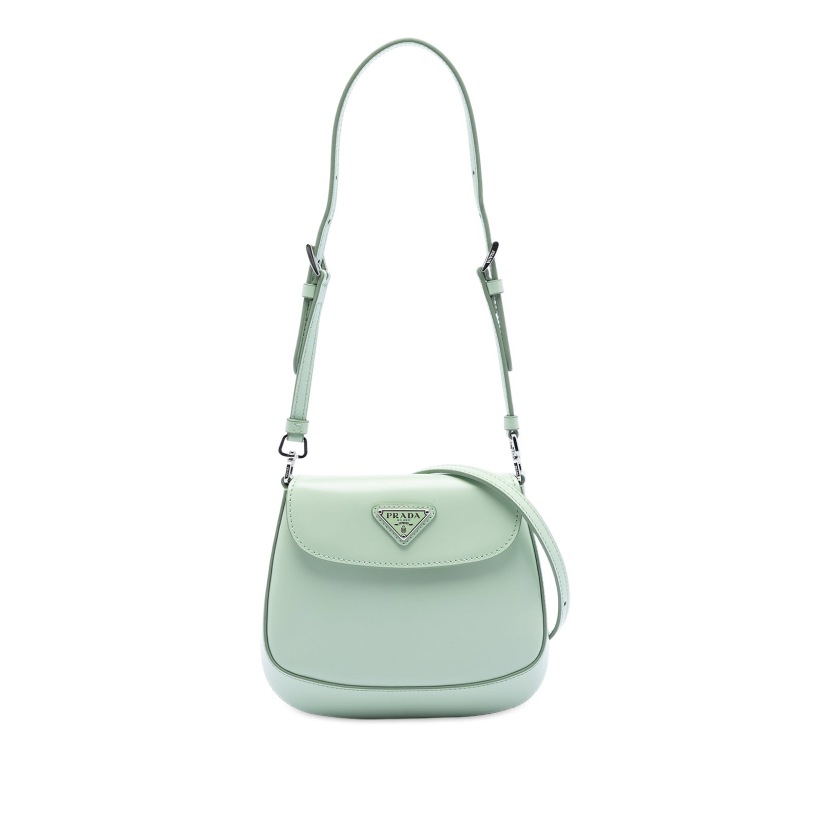 Prada Mini Cleo Green Leather Crossbody Bag with Flap: Prada Mini Cleo Green Leather Crossbody Bag with Flap This Prada Mini Brushed Leather Cleo Flap is a green crossbody bag crafted from leather. It features an adjustable flat leather strap and a front 