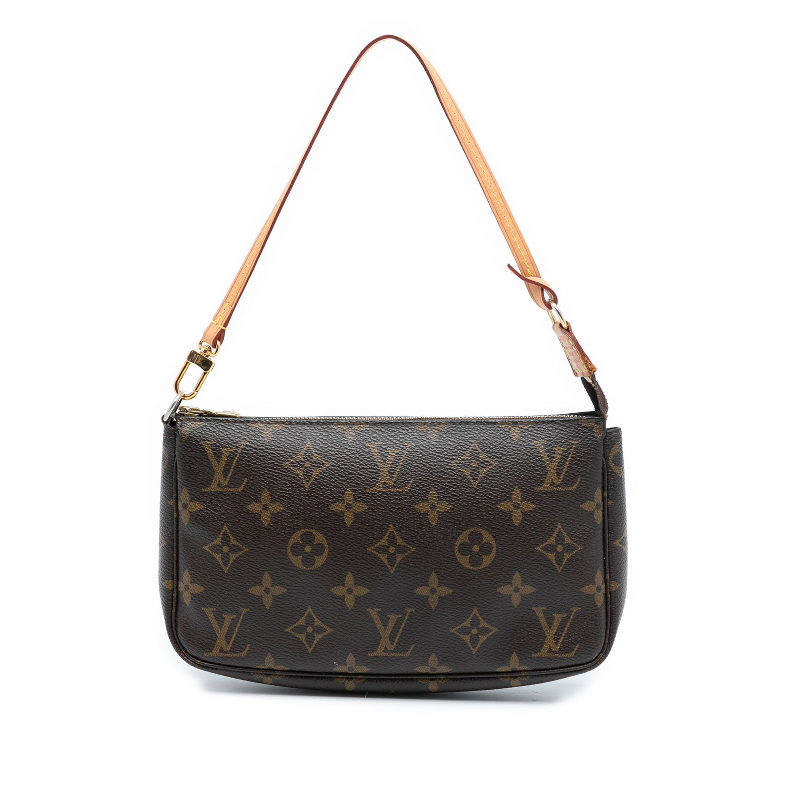 Louis Vuitton Brown Monogram Pochette Accessoires Small Shoulder Bag: Louis Vuitton Brown Monogram Pochette Accessoires Small Shoulder Bag This Louis Vuitton Monogram Pochette Accessoires features a monogram canvas body, a flat vachetta leather handle, and a top zip clo