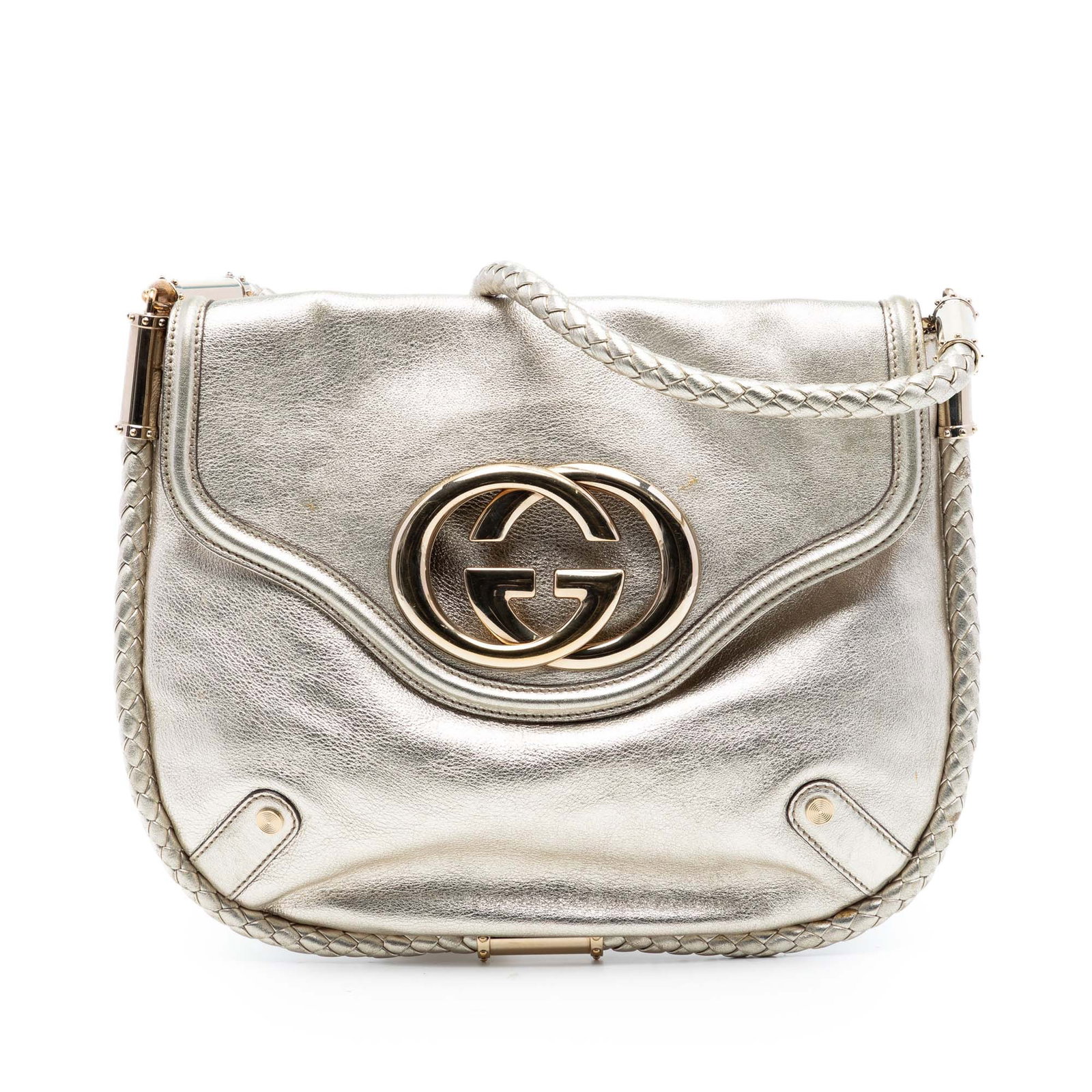 Gold Leather Britt Shoulder Bag with Braided Strap and Tassel by Gucci: Gold Leather Britt Shoulder Bag with Braided Strap and Tassel by Gucci This Gucci Medium Metallic Calfskin Britt Tassel Flap Shoulder Bag features a gold-tone leather body, a braided strap with tassel