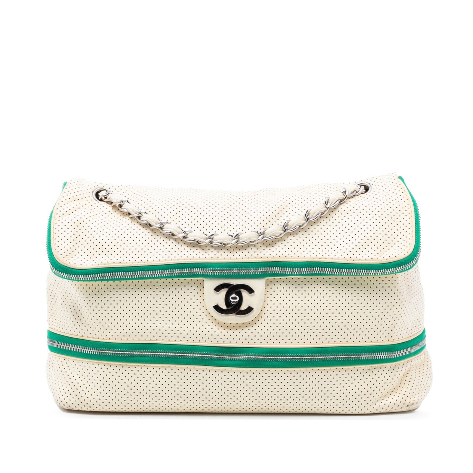 White Perforated Leather Expandable Shoulder Bag by Chanel: White Perforated Leather Expandable Shoulder Bag by Chanel This Chanel Perforated Calfskin Expandable Shoulder Bag features a perforated leather body in white, leather-woven chain straps, a front flap