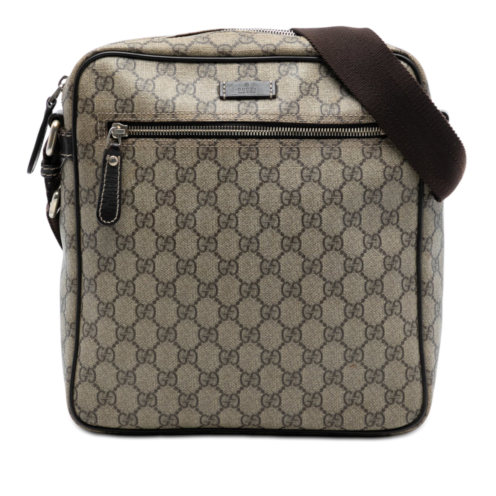 GG Supreme Beige Canvas Crossbody Bag with Leather Trim by Gucci: GG Supreme Beige Canvas Crossbody Bag with Leather Trim by Gucci This Gucci GG Supreme Crossbody bag features a coated canvas body with leather trim, a flat strap, top zip closure, exterior front zip 