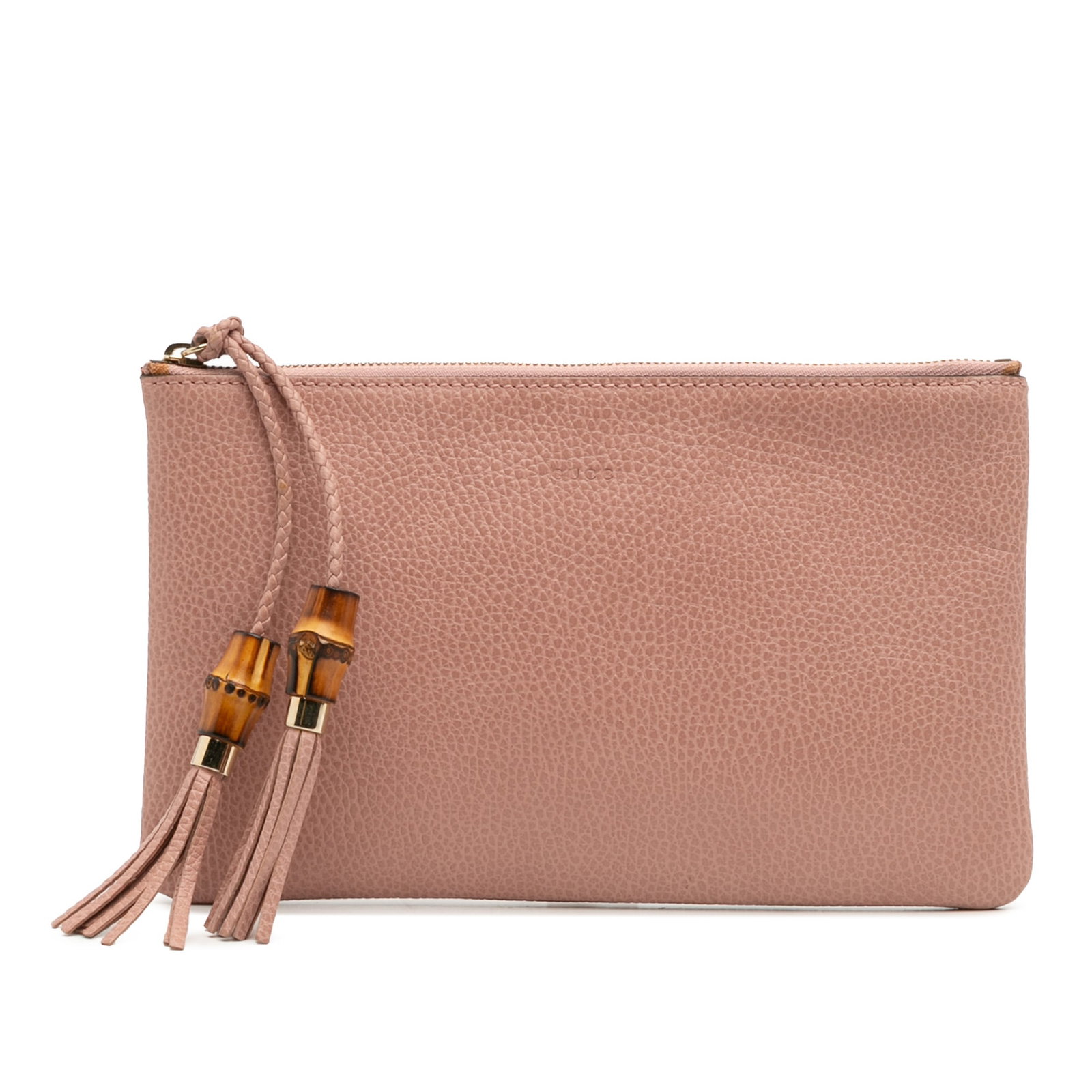 Gucci Pink Calfskin Bamboo Clutch Bag with Zip Closure: Gucci Pink Calfskin Bamboo Clutch Bag with Zip Closure This Gucci Calfskin Bamboo Clutch is an elegant accessory crafted from high-quality leather. It features a stylish top zip closure adorned with b