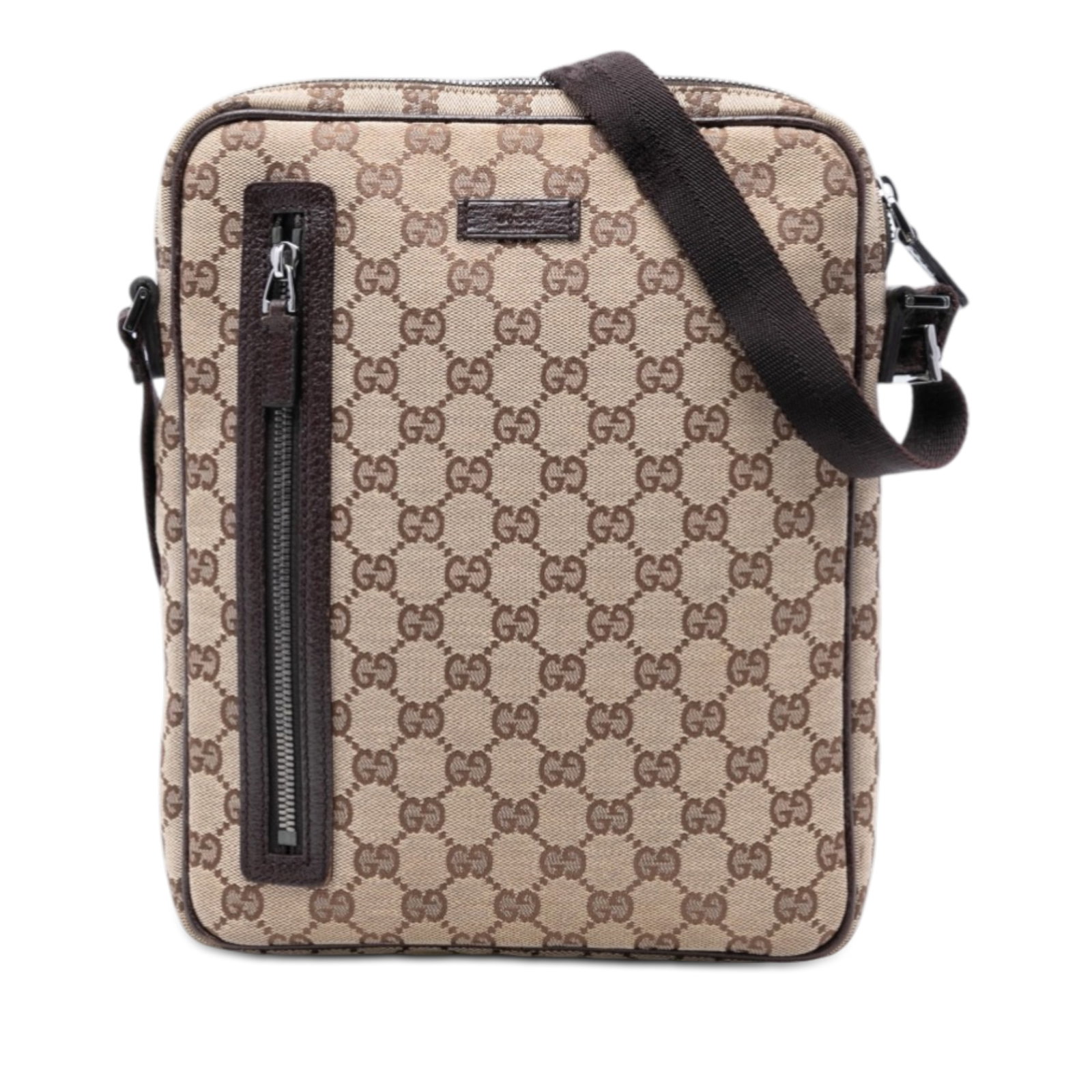 Gucci GG Canvas Beige Crossbody Bag with Leather Trim and Adjustable Strap: Gucci GG Canvas Beige Crossbody Bag with Leather Trim and Adjustable Strap This Gucci GG Canvas Crossbody bag features a beige canvas body with leather trim, an adjustable flat strap, a top zip closur