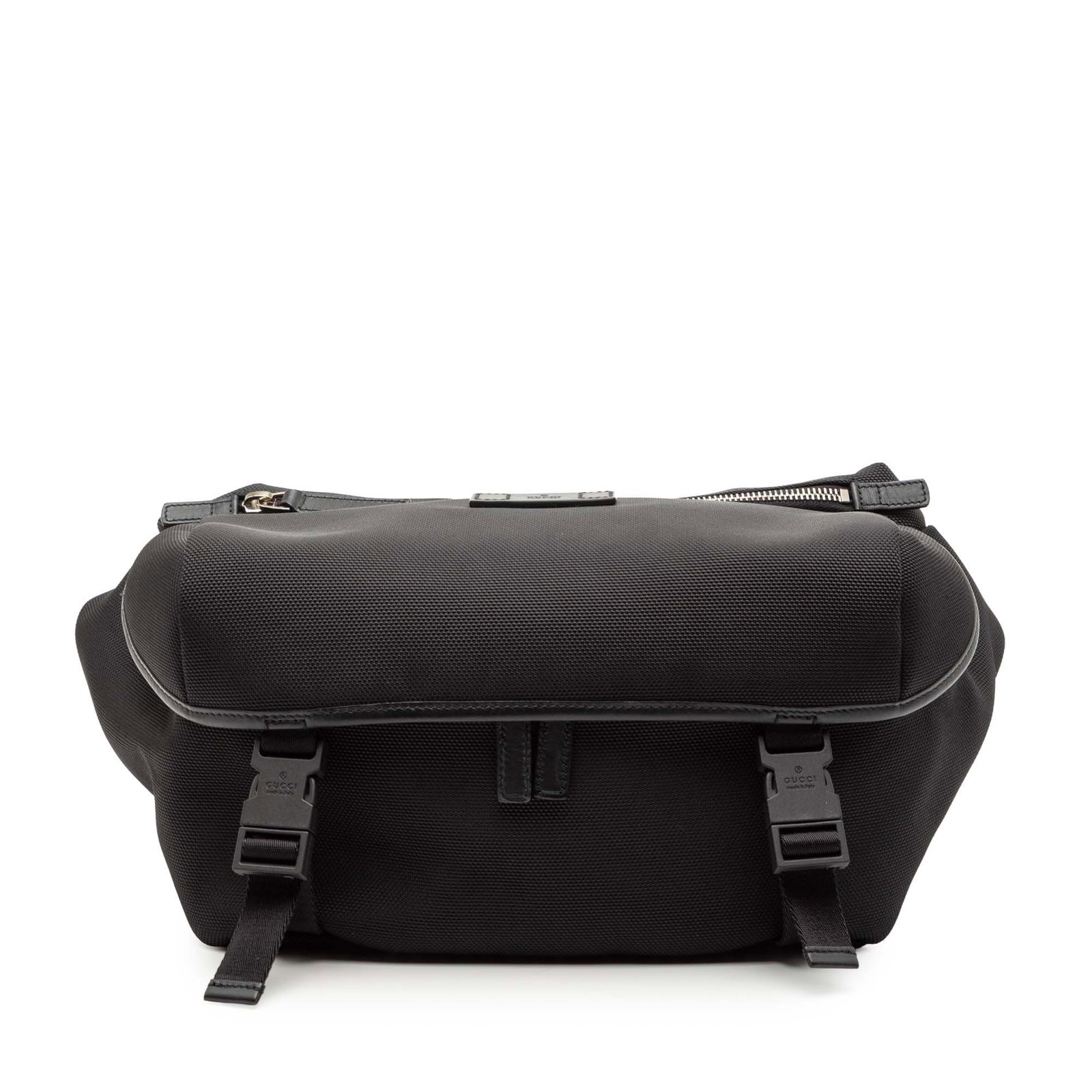 Canvas Techno Web Waist Bag with Leather Trim by Gucci: Canvas Techno Web Waist Bag with Leather Trim by Gucci This Gucci Canvas Techno Web Belt Bag features a durable fabric body with leather trim, an adjustable flat canvas waist strap, a top flap with bu