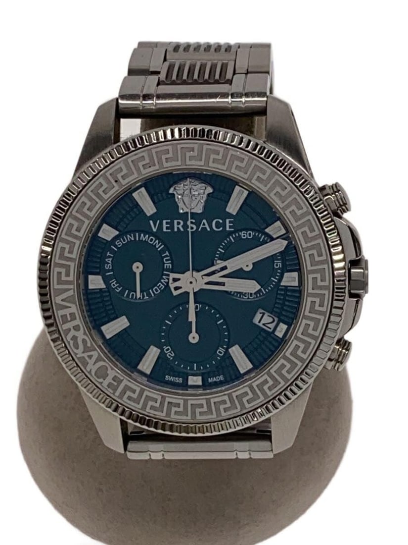 Versace Greca Action Chrono Swiss Quartz Stainless Steel Wristwatch: Versace Greca Action Chrono Swiss Quartz Stainless Steel Wristwatch This VERSACE Greca Action Chrono Quartz VE3J00422 men's wristwatch features a stainless steel case and band. Made in Switzerland, it