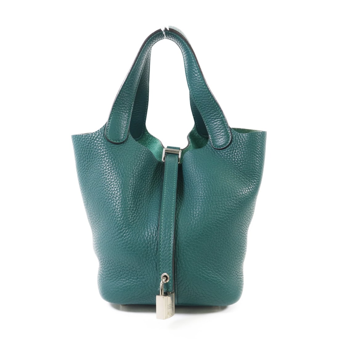Hermes Picotin PM Green Clemence Leather Tote with Palladium Hardware: Hermes Picotin PM Green Clemence Leather Tote with Palladium Hardware This Hermes Picotin PM tote bag is crafted from Clemence calfskin leather in a striking green shade. Featuring palladium hardware,