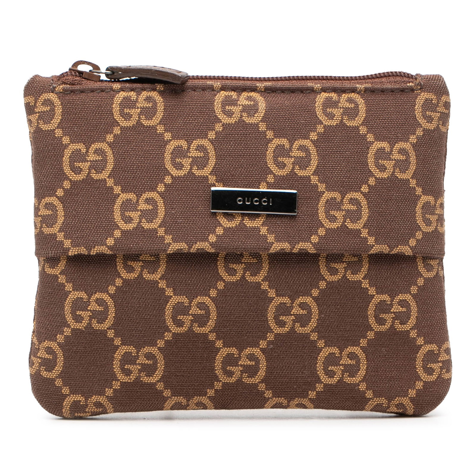 Gucci GG Canvas Brown Fabric Small Wallet with Zip and Slip Pocket: Gucci GG Canvas Brown Fabric Small Wallet with Zip and Slip Pocket This Gucci GG Canvas Compact Wallet features a brown canvas body with a top zip closure and an exterior front slip pocket. The wallet