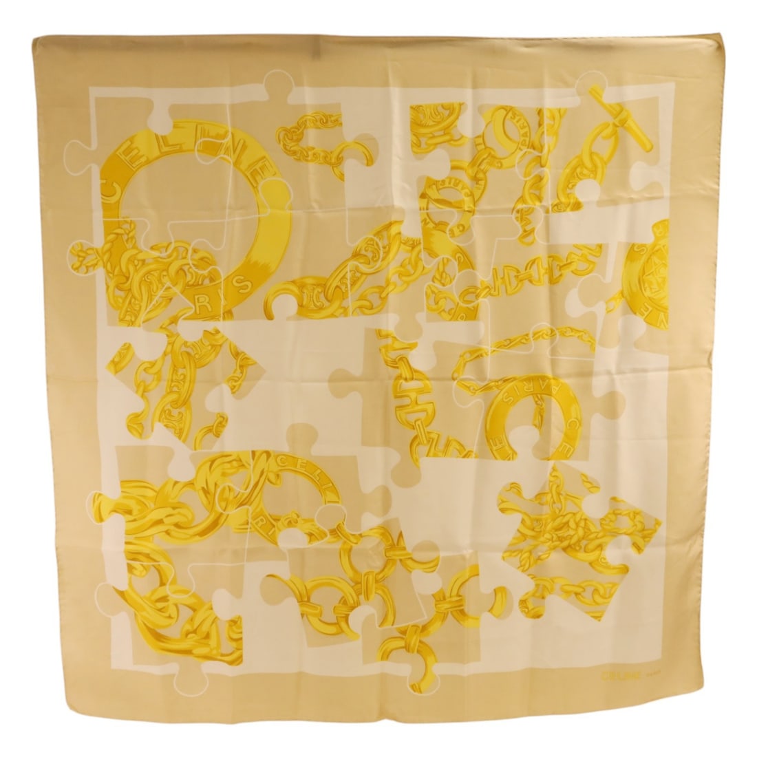 Celine Silk Beige and Gold Women's Scarf: Celine Silk Beige and Gold Women's Scarf This CELINE scarf is crafted from silk in a beige color with gold accents. Designed for women, it features a regular size and showcases the brand's elegant sty