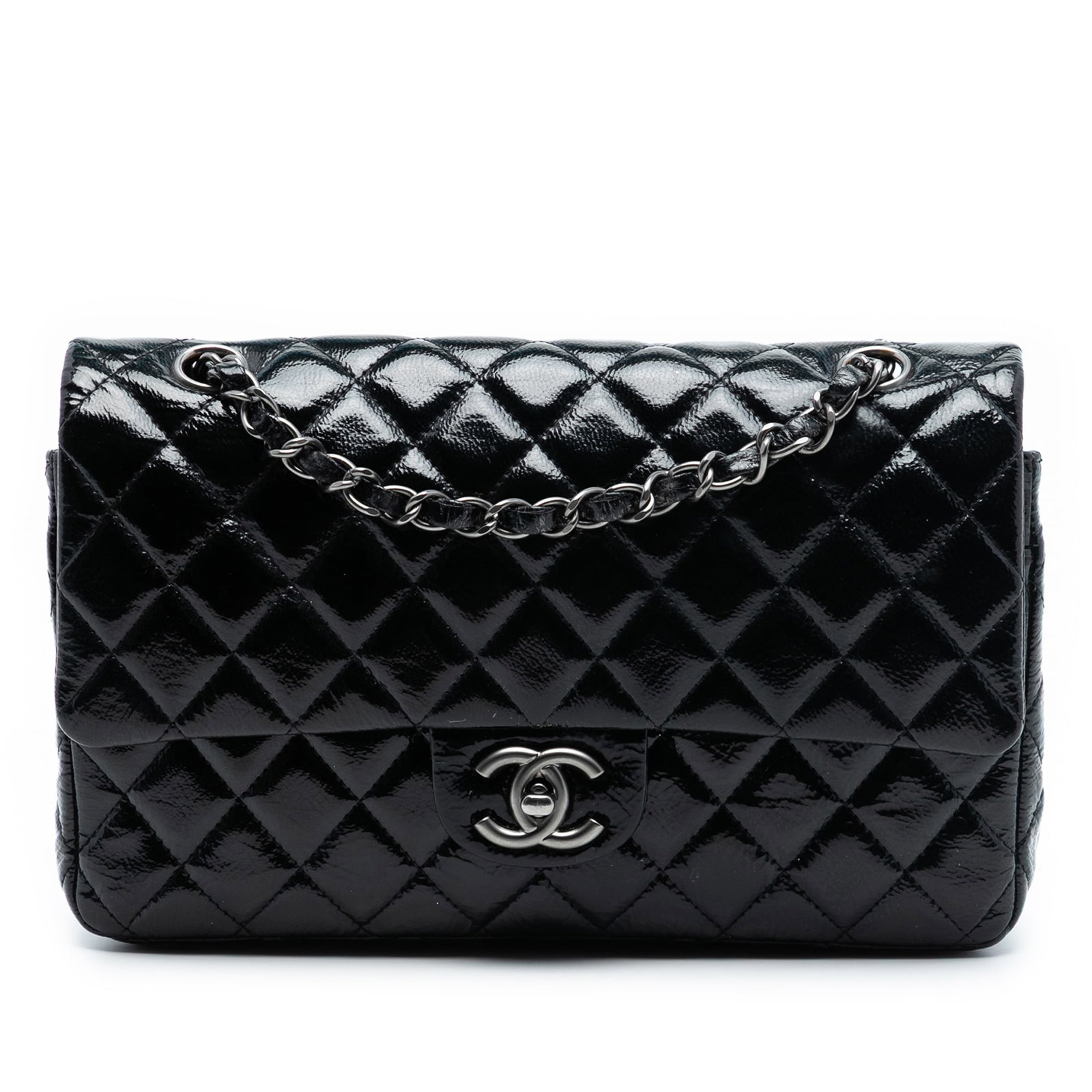 Chanel Medium Classic Black Patent Leather Quilted Double Flap Shoulder Bag: Chanel Medium Classic Black Patent Leather Quilted Double Flap Shoulder Bag This Chanel Medium Classic Distressed Patent Double Flap shoulder bag features a quilted patent leather exterior in black, l