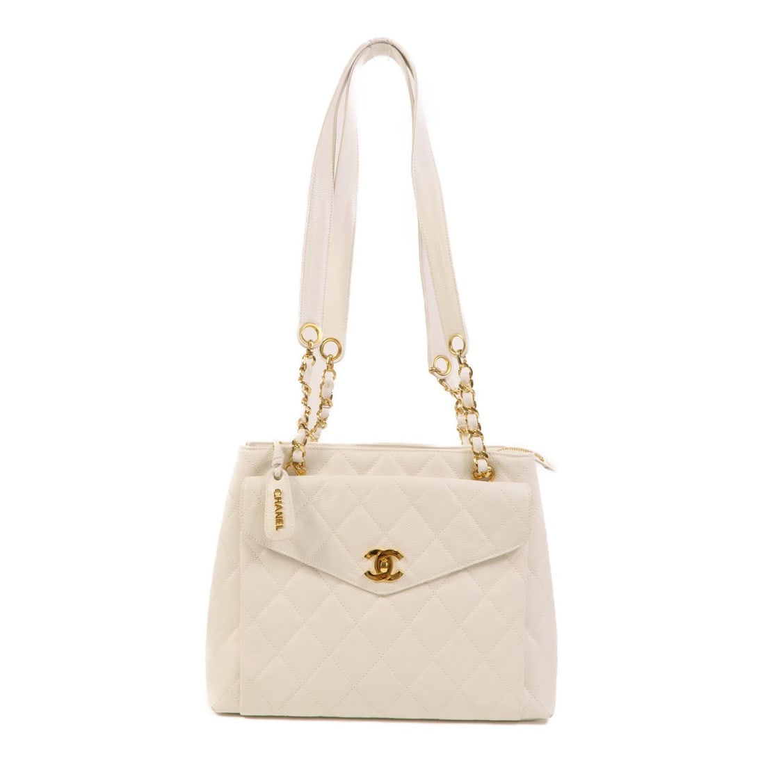 White Calfskin CHANEL CC GHW Shoulder Bag: White Calfskin CHANEL CC GHW Shoulder Bag This CHANEL shoulder bag features a classic CC design with gold-tone hardware and is crafted from white calfskin leather. Designed for women, it offers a soph