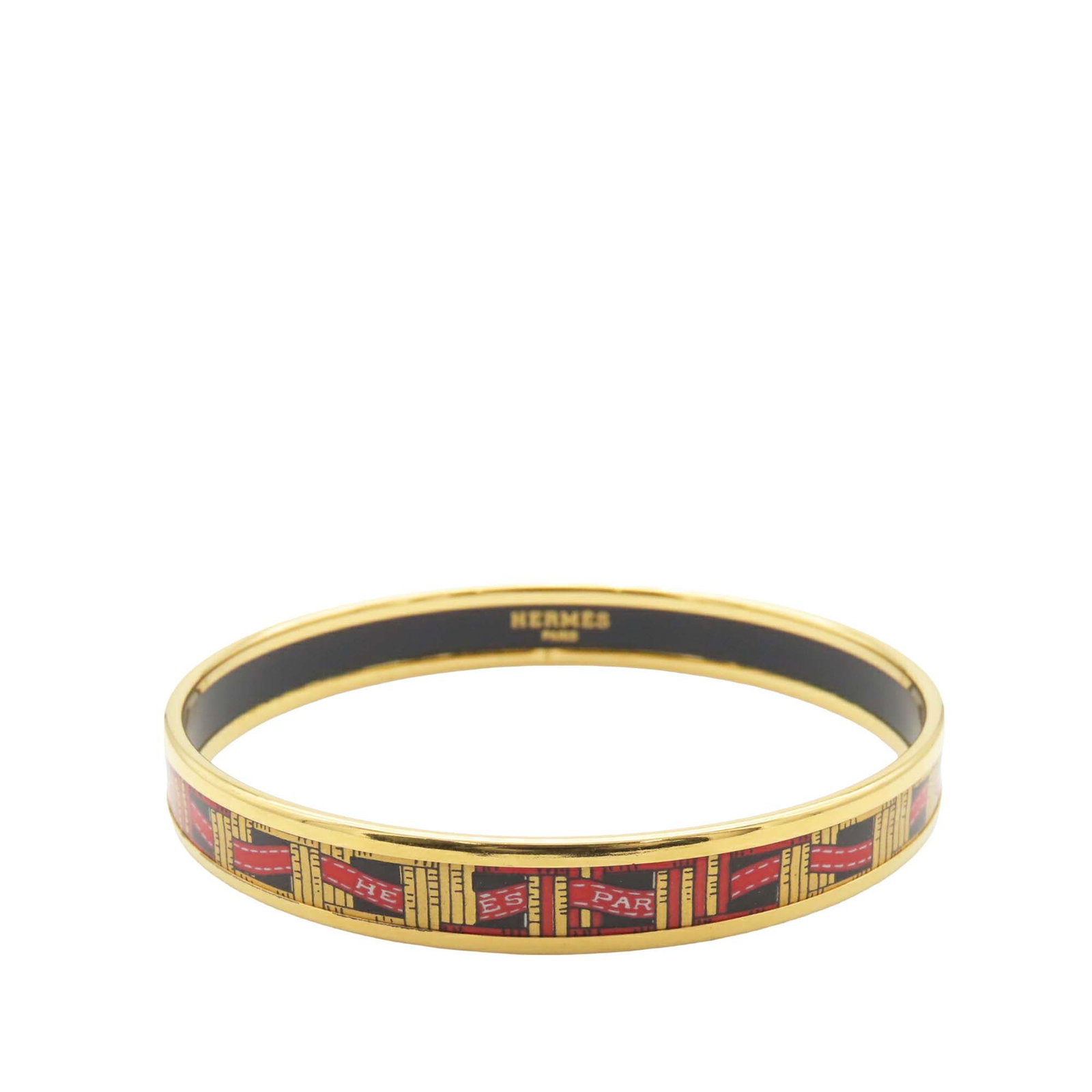 Hermes Gold Plated Printed Enamel Narrow Bangle 62: Hermes Gold Plated Printed Enamel Narrow Bangle 62 This Hermes Narrow Emailles Enamel Bangle 62 features a printed enamel design on a gold-plated metal body. Made in France, this costume bracelet is d