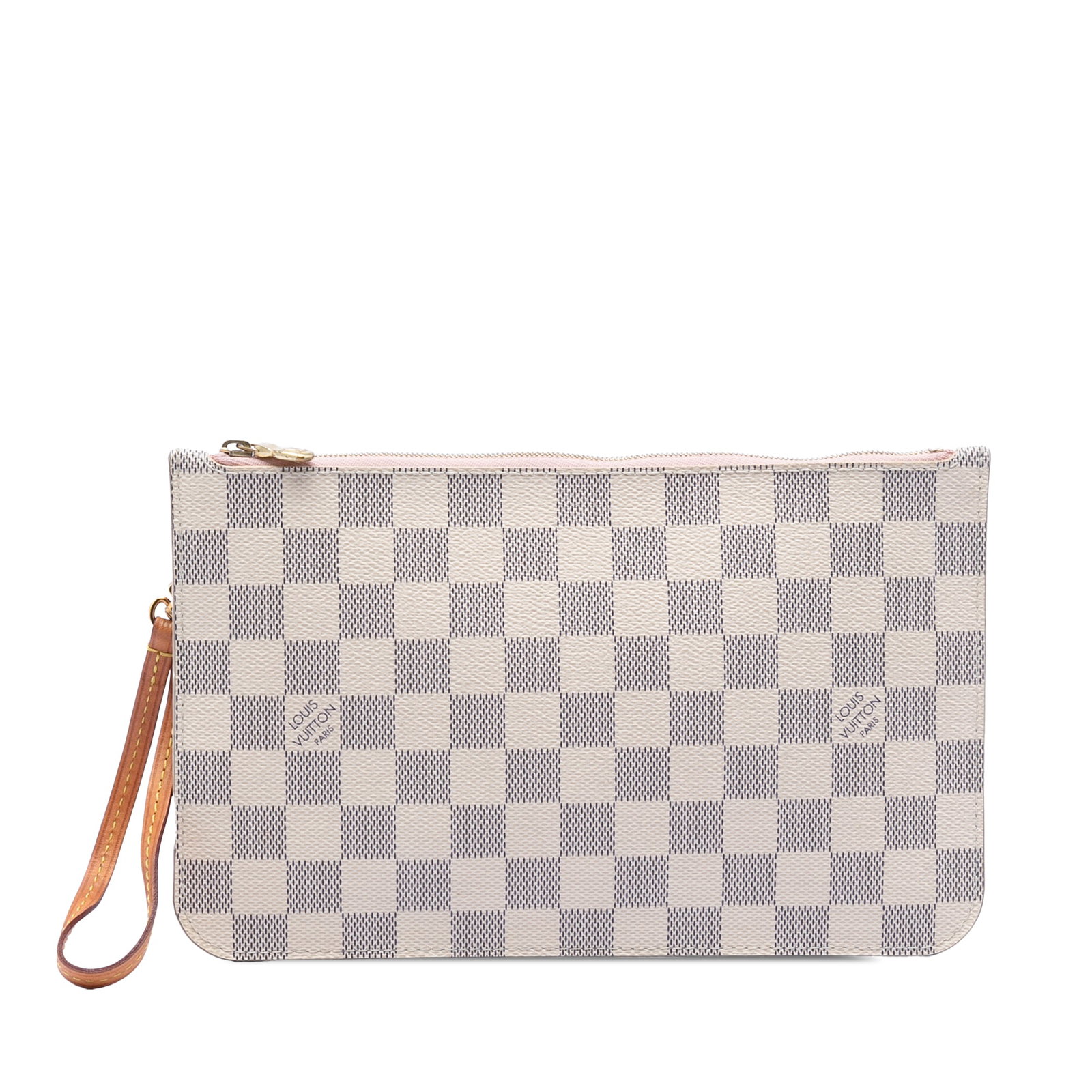 Neverfull MM Wristlet in Damier Azur Canvas with Vachetta Leather Strap: Neverfull MM Wristlet in Damier Azur Canvas with Vachetta Leather Strap This Louis Vuitton Damier Azur Neverfull Pouch MM features the iconic Damier Azur canvas with a vachetta leather wrist strap, a 
