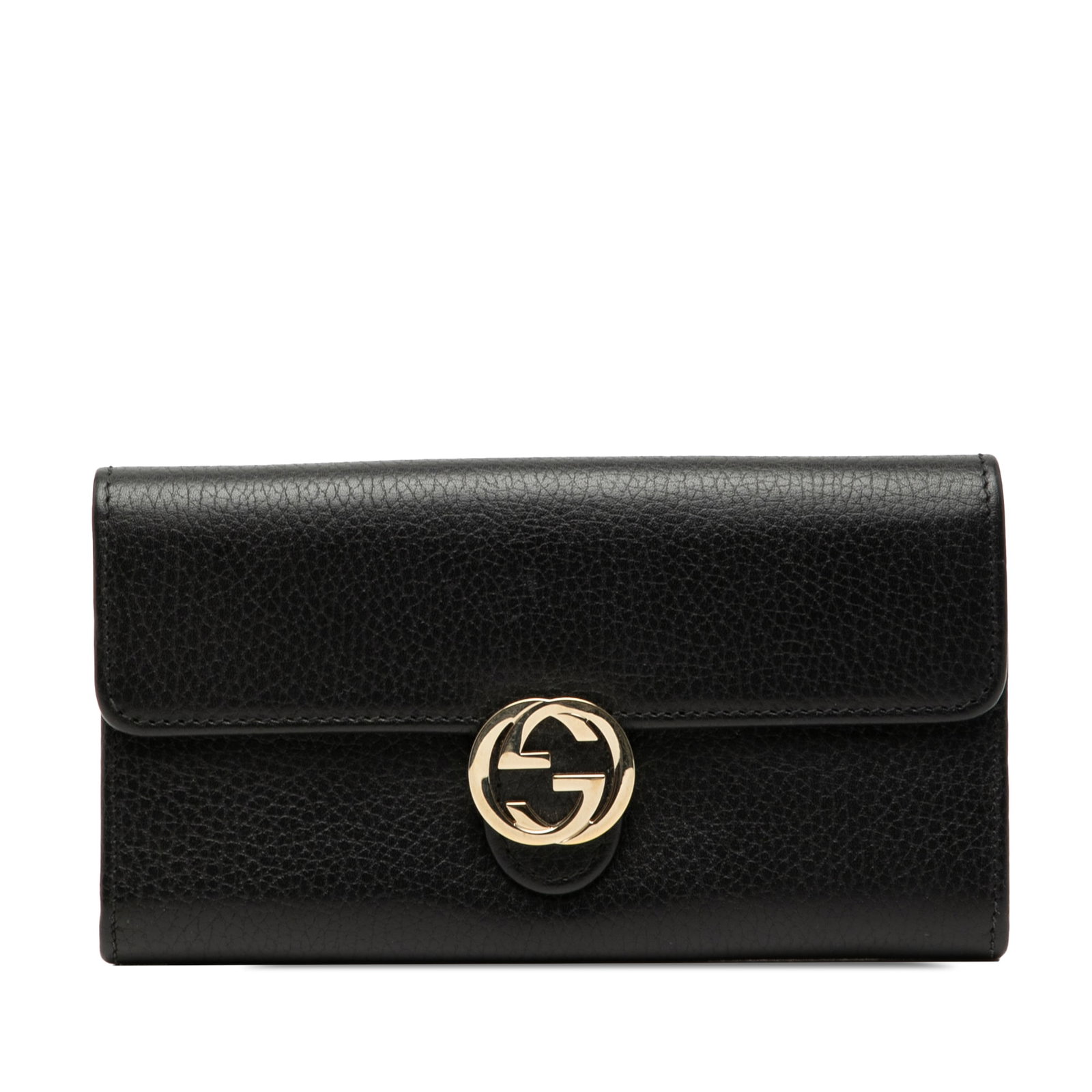 Gucci Black Leather Interlocking G Long Flap Wallet: Gucci Black Leather Interlocking G Long Flap Wallet This Gucci Dollar Calfskin Interlocking G Continental Wallet is crafted from black leather and features a flap with a magnetic button closure. The w