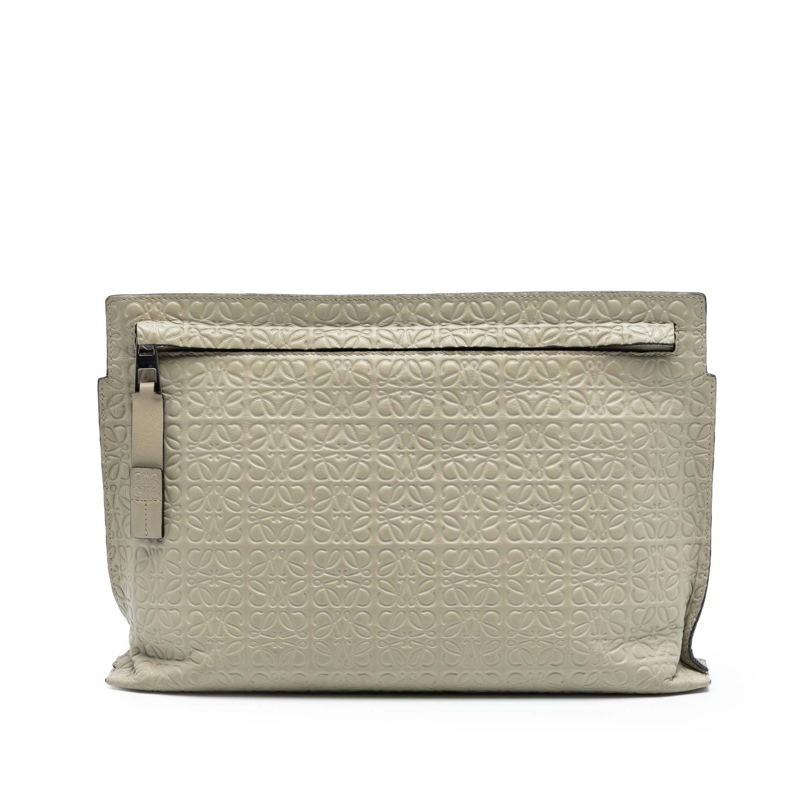 Loewe Anagram Embossed Leather Beige Clutch Bag With Zip Closure: Loewe Anagram Embossed Leather Beige Clutch Bag With Zip Closure This LOEWE clutch bag features an embossed leather body with the brand's distinctive Anagram Repeat T design. It includes a front zip c