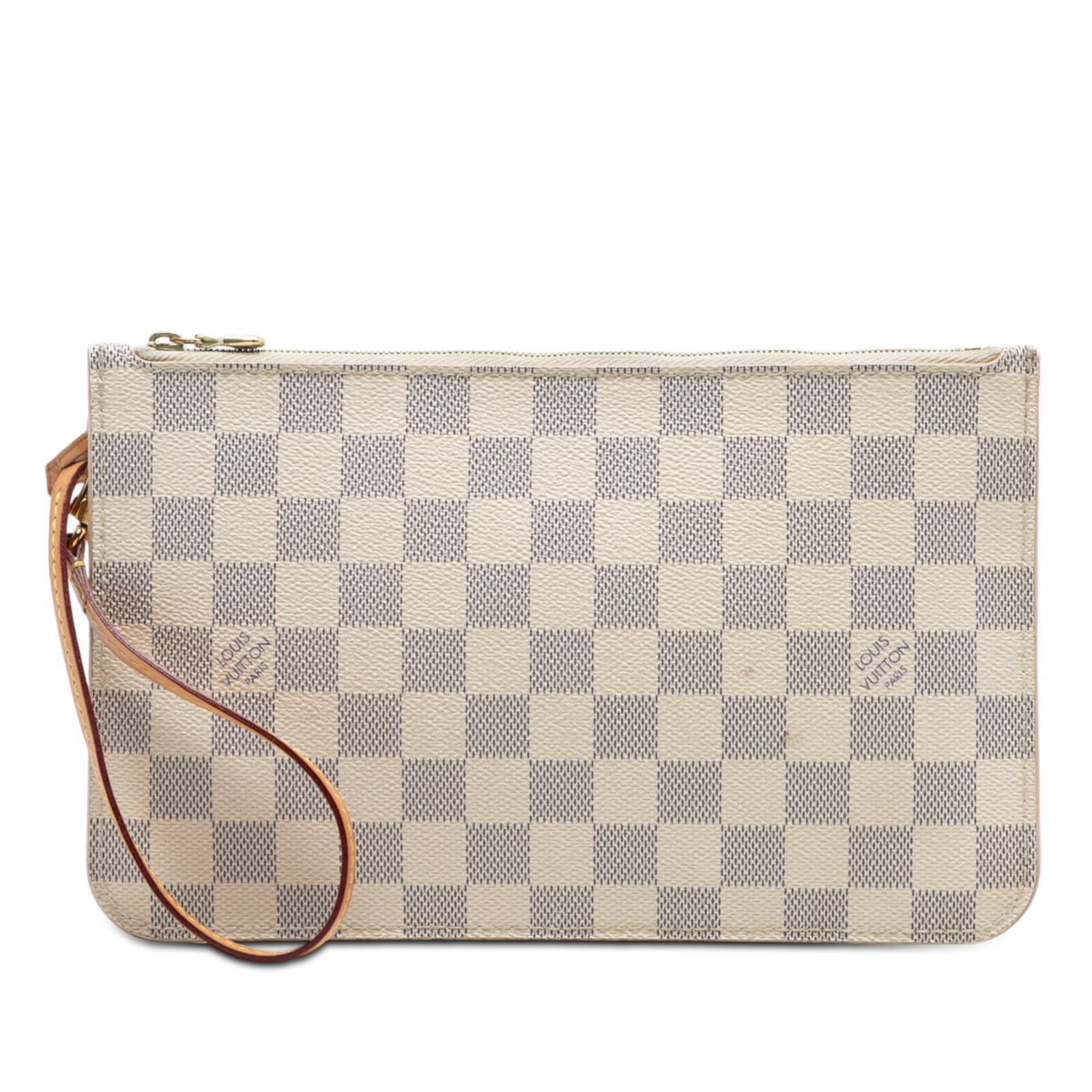 Louis Vuitton Neverfull MM Damier Azur Canvas Wristlet Pouch: Louis Vuitton Neverfull MM Damier Azur Canvas Wristlet Pouch This Louis Vuitton Damier Azur Neverfull MM Pouch features a canvas body in the iconic Damier Azur pattern, a flat leather wrist strap, a t